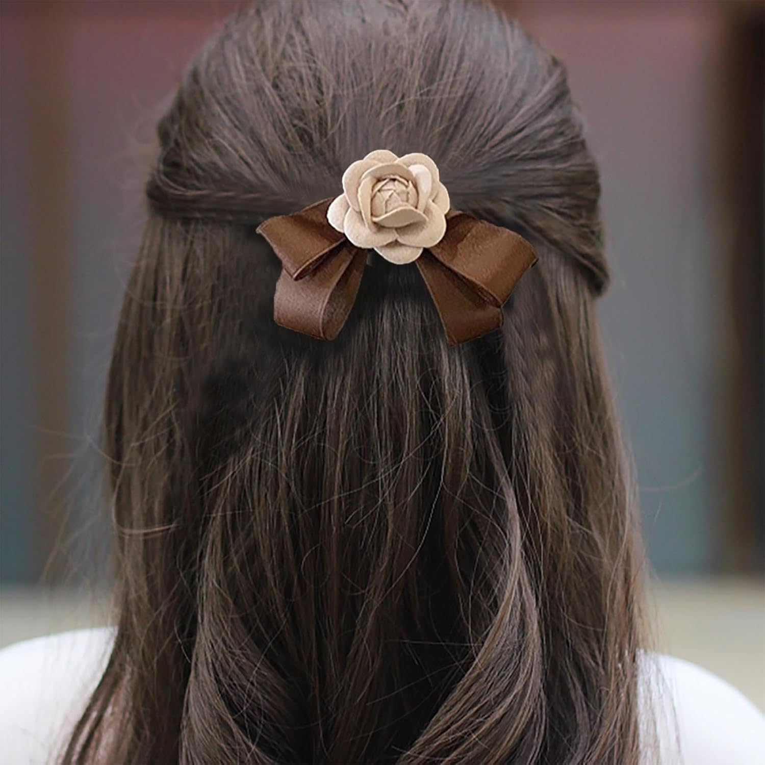 Inateannal Satin Hair Bow Clip for Women Brown Bow Hair Clip Silk Bow Knot Hair Clip Ribbion Camellia Bow Hair Clip Barrette Camellia Flower Hair Accessories for Women image number 4