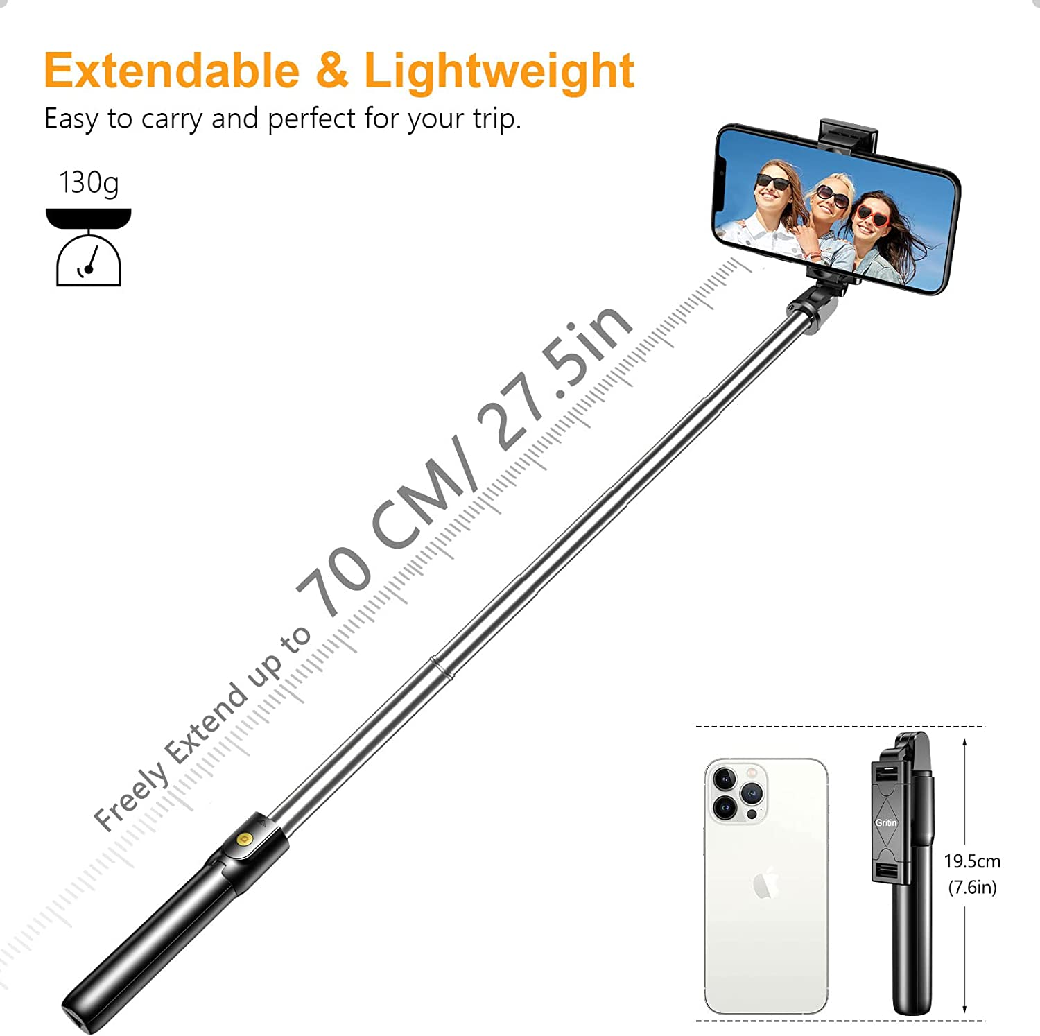 Gritin Selfie Stick Tripod, 3 in 1 Bluetooth Selfie Stick with Detachable Wireless Remote & Stable Tripod Stand, Extendable and Portable Selfie Stick Compatible With/Galaxy, Etc.