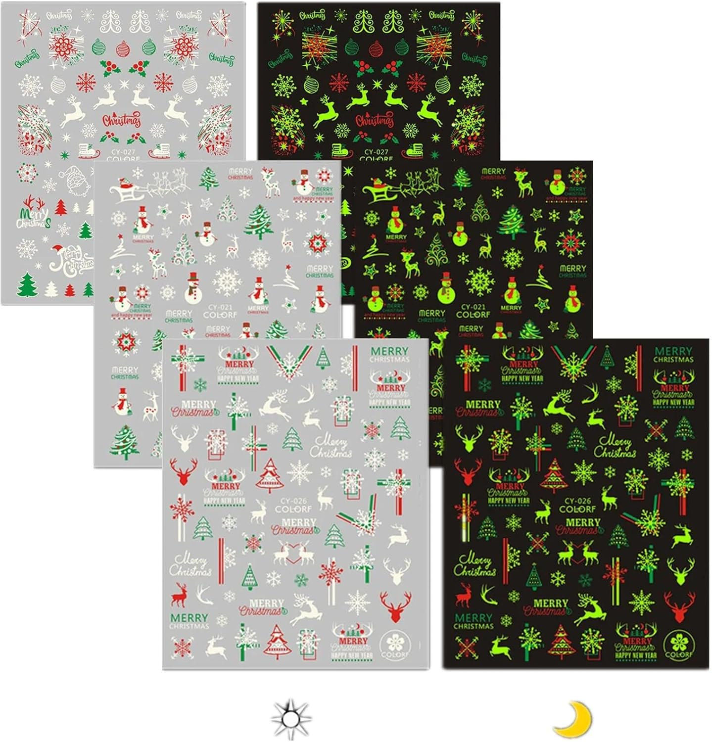 Luminous Christmas Nail Stickers, Glow in the Dark Nail Art Designs for Festive Nails, 3D Self-Adhesive Nail Decals for Women and Girls - 9 Sheets, Abvian image number 3