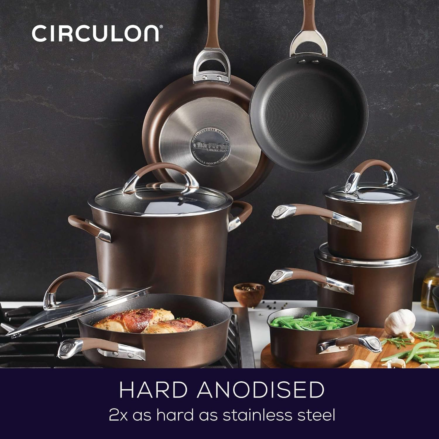 Circulon Symmetry 11 Piece Nonstick Cookware Set, Pots and Pans Set, Frying Pans, Saucepans, Stockpot, Saute & Lids, Induction Compatible, Chocolate image number 5