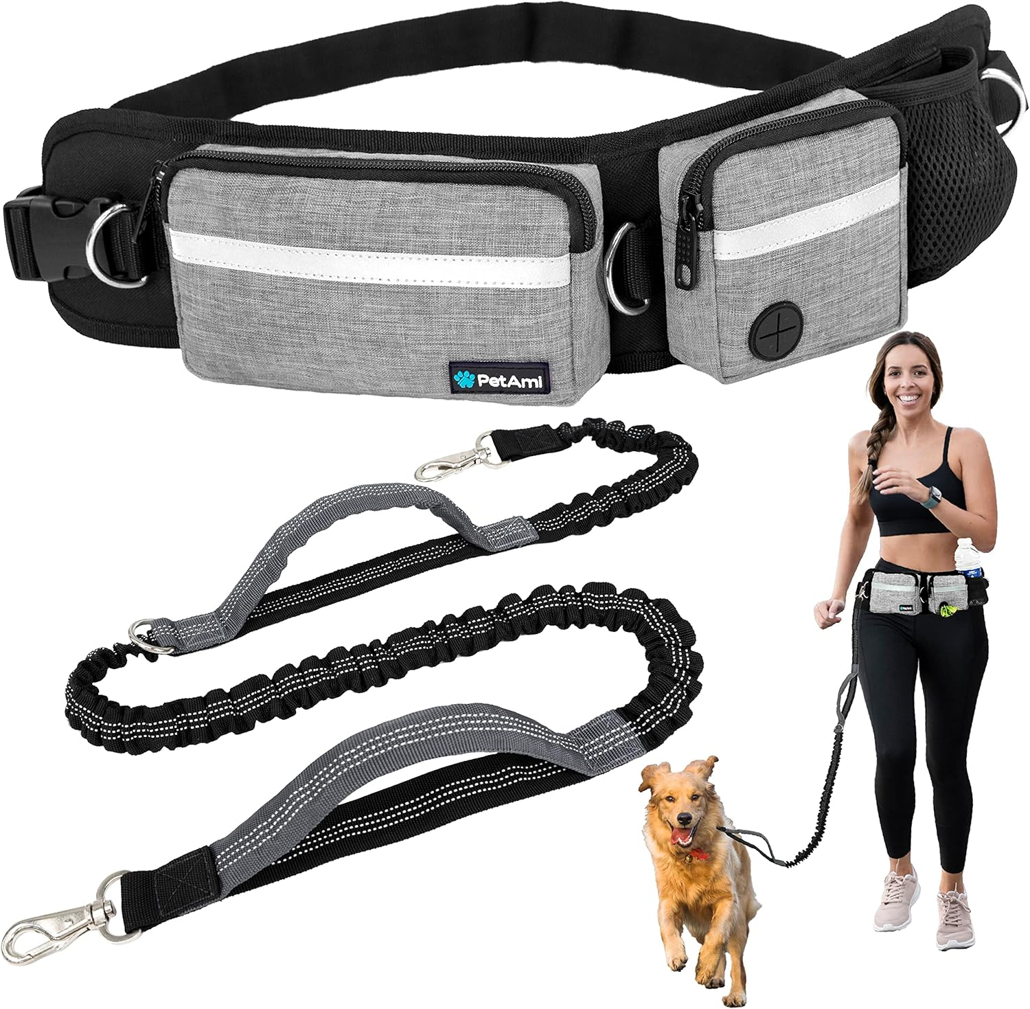 Petami Hands Free Dog Leash, Running Leash Belt Bag for Walking, Jogging, Waist Double Zipper Pouch with Poop Dispenser, Dual Padded Handles Reflective Bungee Double, Purple, 2 Leashes
