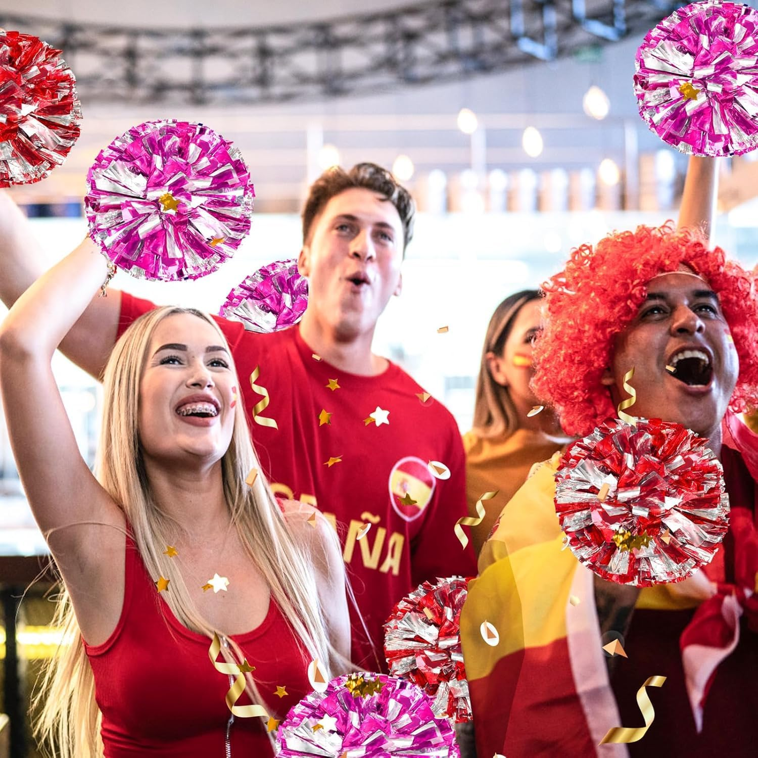 IONPSHG 4Pcs Cheerleader Pompoms Metallic Foil Cheer Poms Hand Flower Pompoms with Baton Handle Cheering Squad Pompoms Handheld Cheerleader Pompom Plastic Ring Pompom for Team Spirit Sports Dance