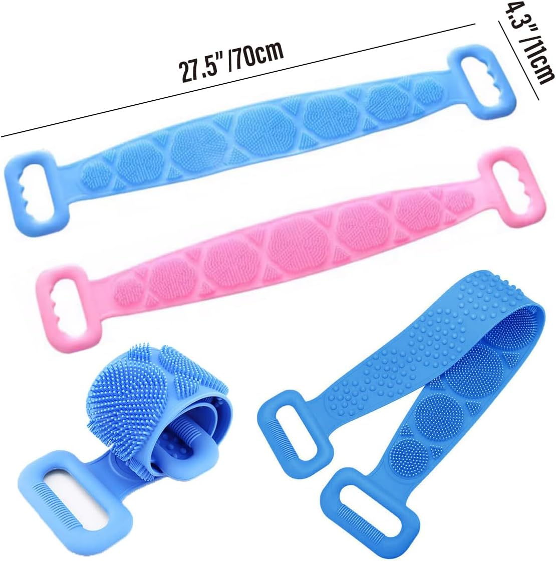 Silicone Back Scrubber Soft Loofa Bath Strap Scrub Belt Body Exfoliating Massage, 27.5-Inch Length，Dual-Sided Silicone Back Scrubber