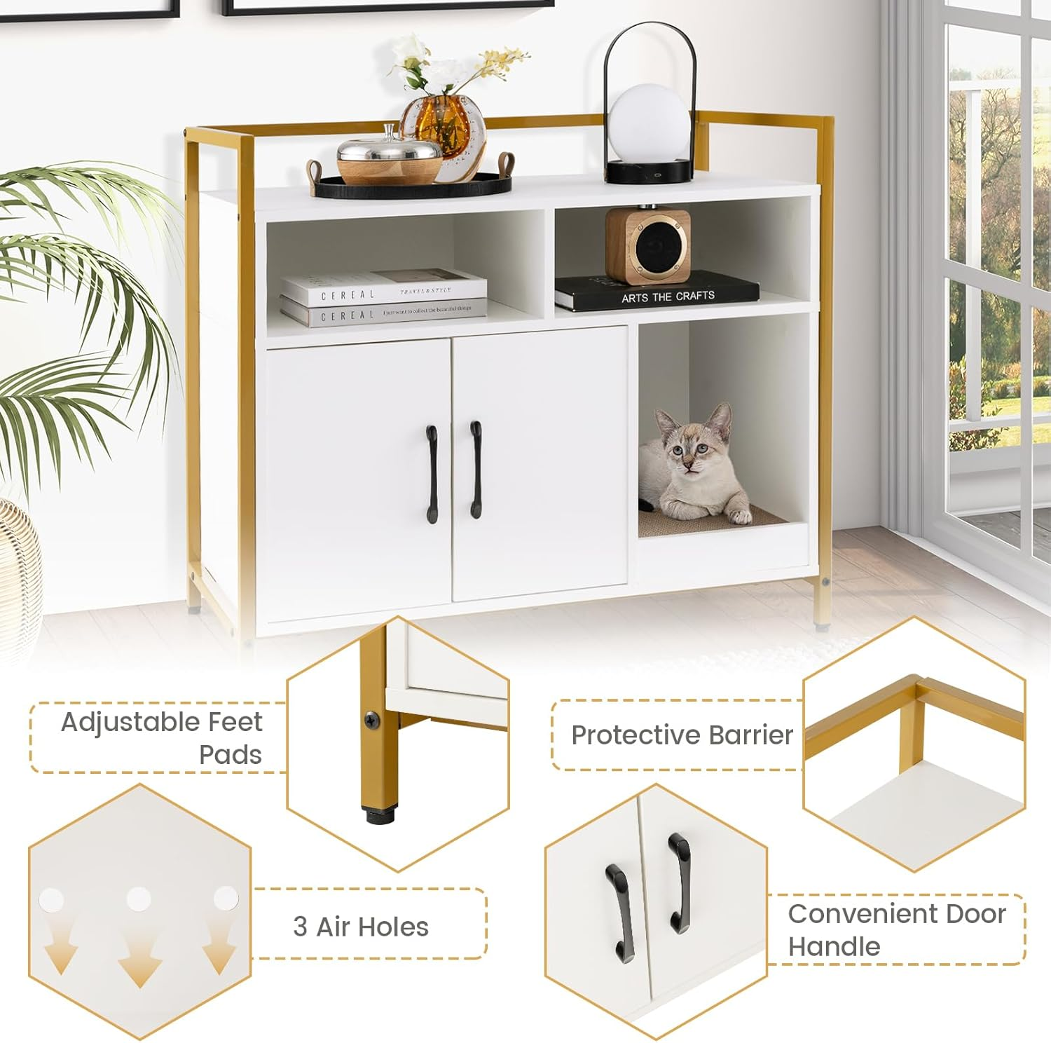 Costway Cat Litter Box Enclosure, Hidden Washroom with Storage & Scratch Pad, Indoor Pet Crate W/Golden Metal Frame, Modern Furniture for Bedroom, Living Room, White,(Pv10054Wh-Costway) - Coffee image number 5