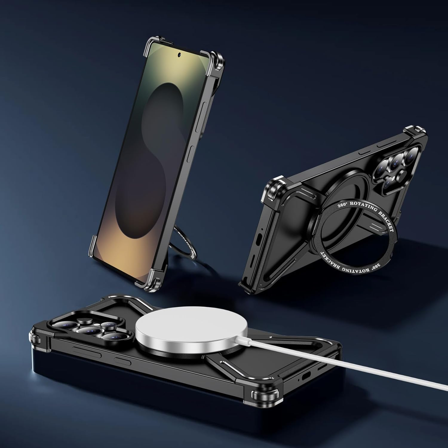 QIWEIQING Frameless Case for Samsung Galaxy S25 Ultra Compatible with Magsafe, Bezel Less Mobile Phone Case Titanium Alloy 360&deg; Rotation Magnetic Stand Protective Case for Samsung S25 Ultra. Black THJ