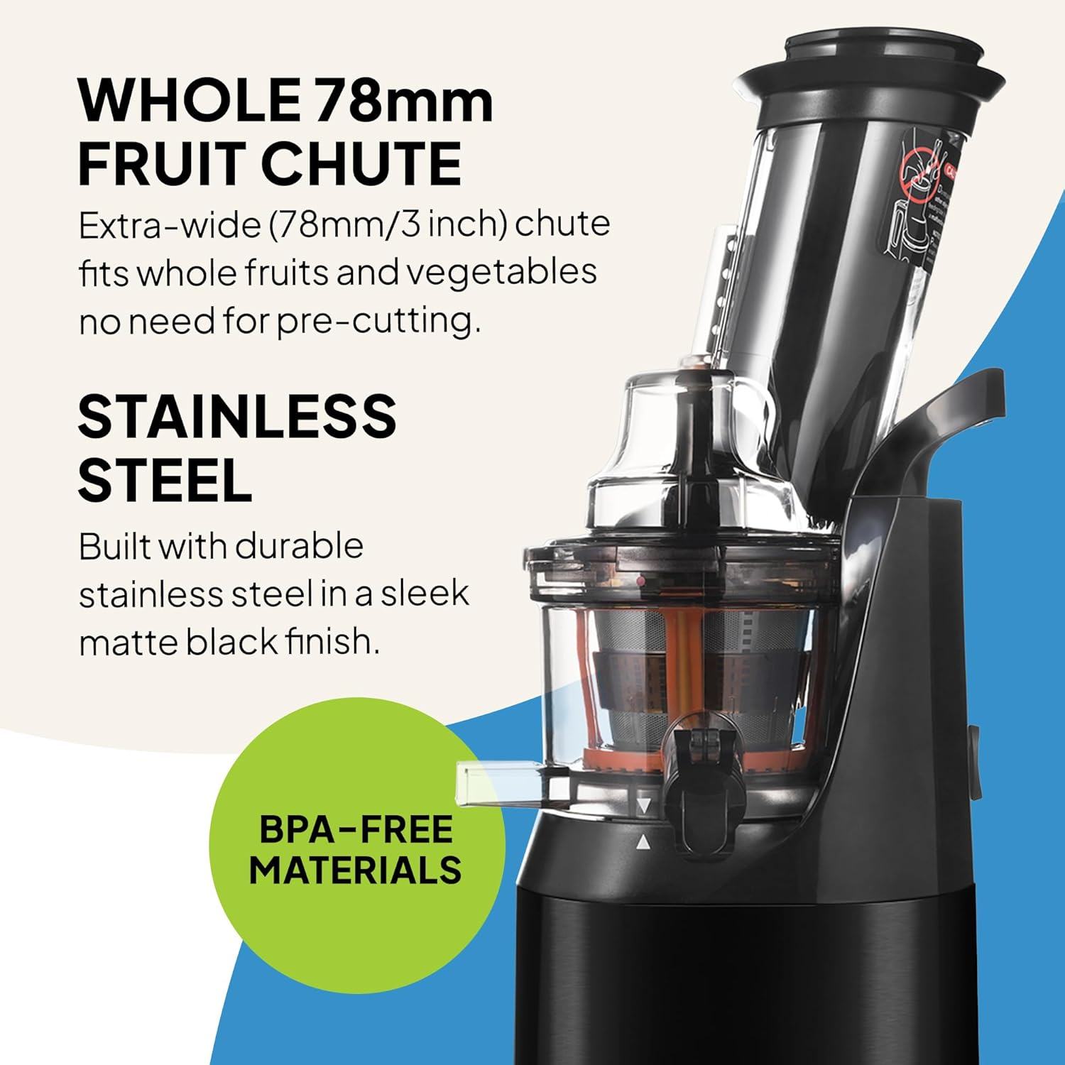 Fridja F1900 Cold Press Juicer, 240W Masticating Slow Juicer with 78Mm (3&rdquo;) Bpa-Free Wide Chute, Black Stainless Steel Body, Juice, Vegan Nut Milks, Sorbet, Ice Cream, Easy to Clean image number 1