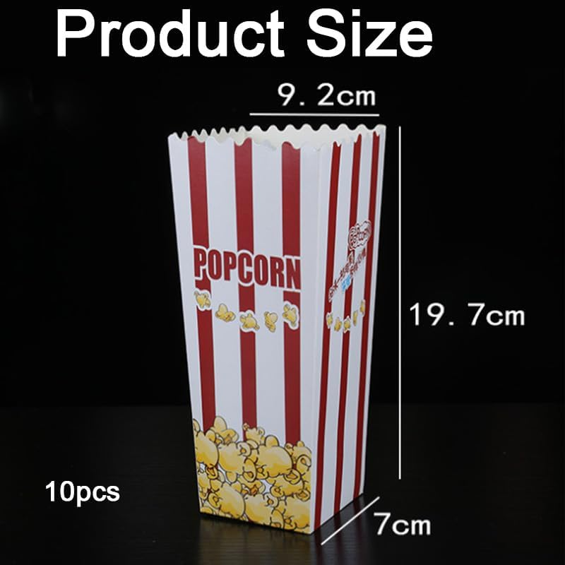 10 Large Capacity Popcorn Containers - Red & White Striped Paper Popcorn Boxes for Families, Parties, Movie Nights and Events