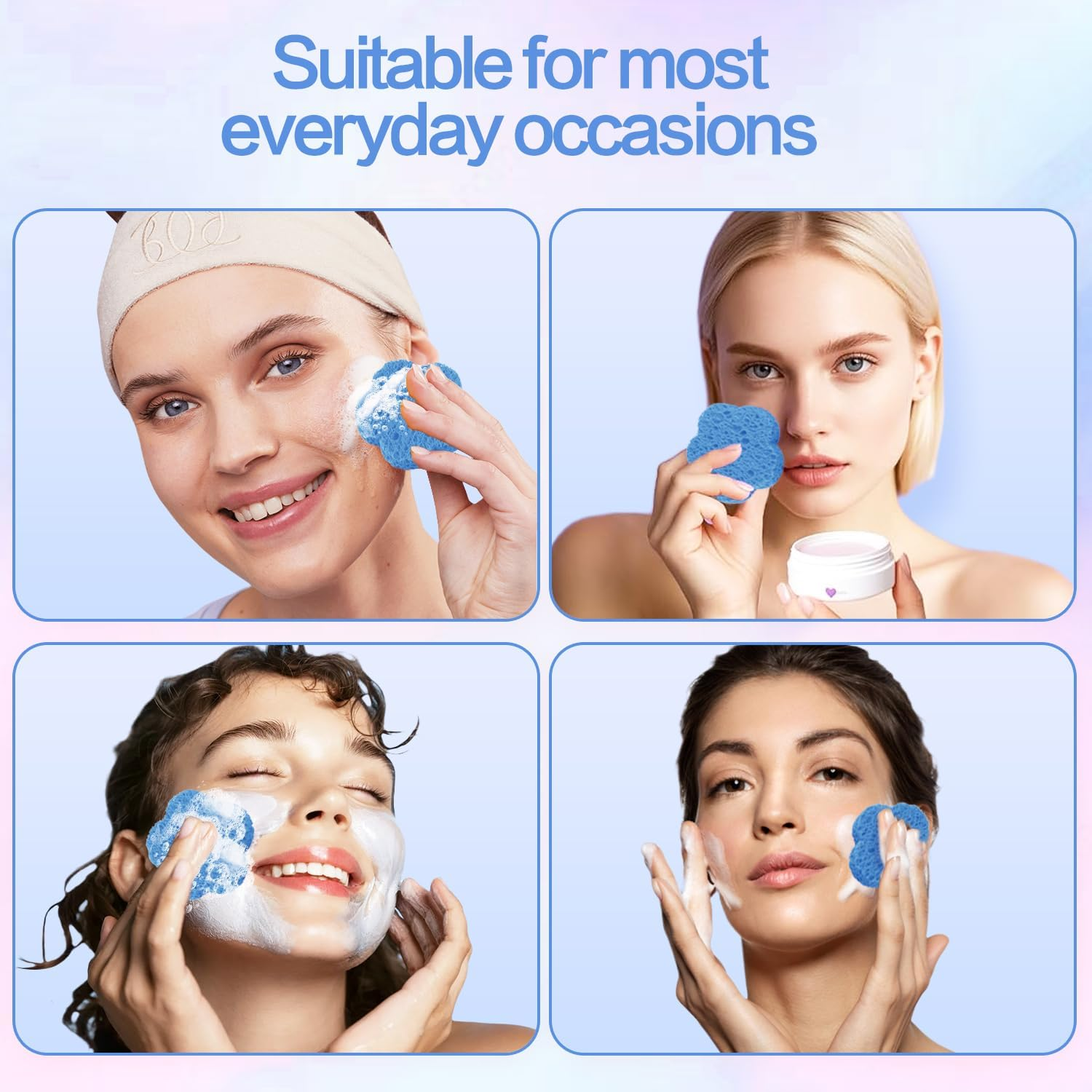 50-Count Facial Sponges, Natural, Blue, Modern Style, Reusable, Exfoliating, Cleansing, Makeup Removal, Travel-Friendly, Gift for Her - Yellow image number 3