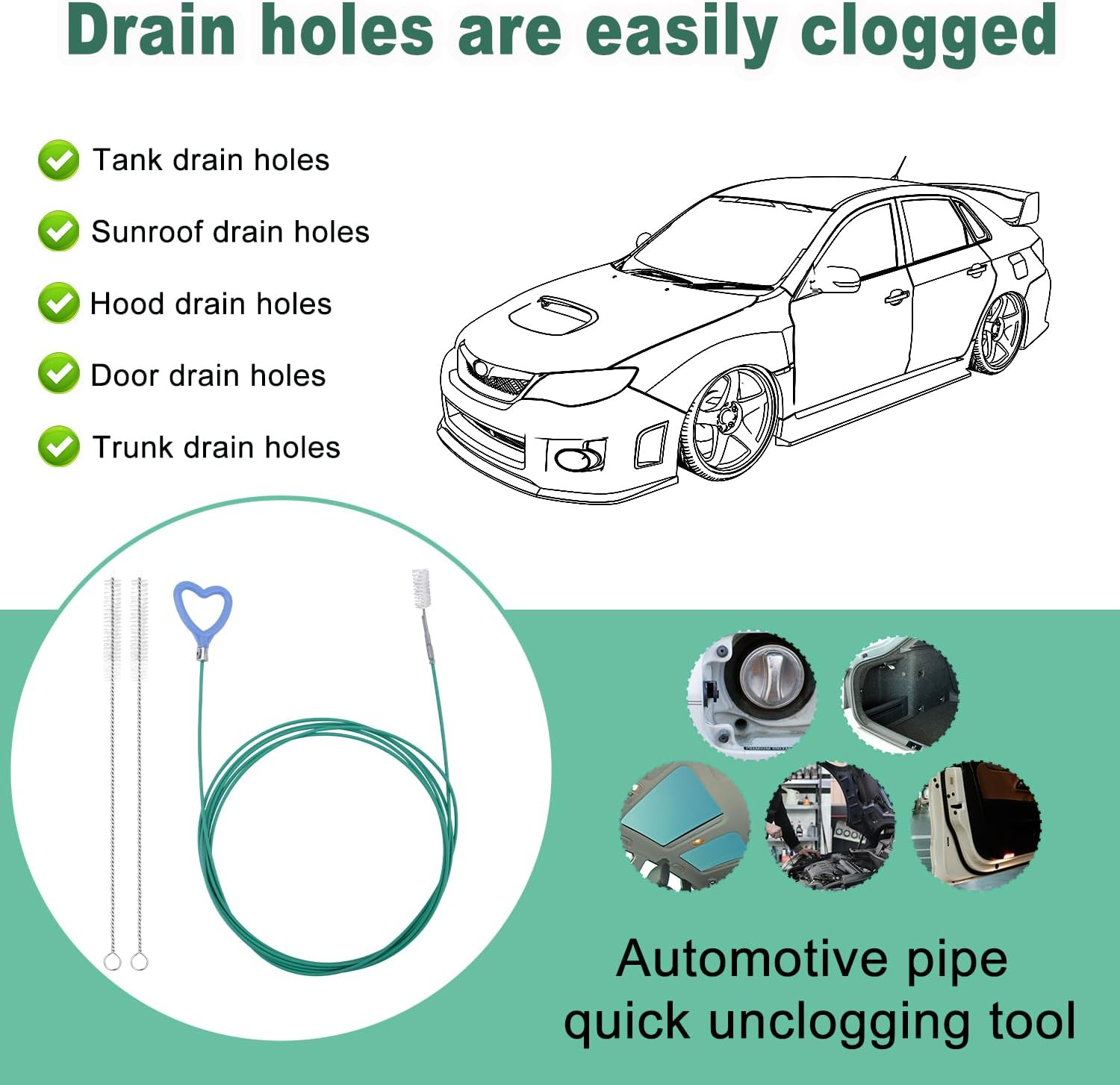 Sunroof Drain Cleaning Tool, 118In Long Wire Pipe Cleaner with 2 Straight Straight Cleaning Brushes Heart Handle Design Drain Hole Cleaner for Auto Car Sunroof Wiper image number 4