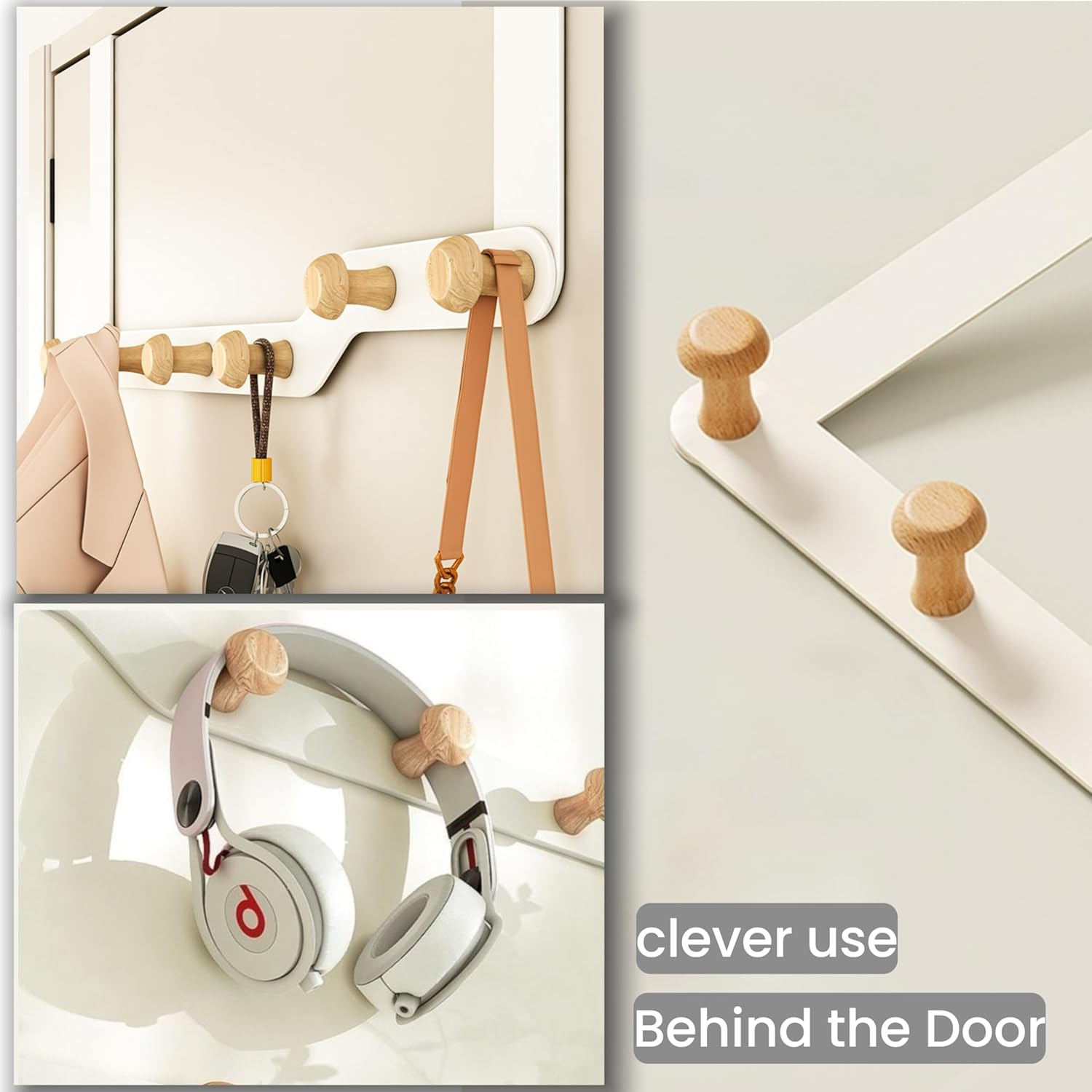 Over the Door Hooks, over Door Coat Hanger，Clothes with 6 Wooden Door Hooks,Door Hooks for Entrance Doors, behind Bedroom Doors, to Hang Clothes, Towels, Hats, Etc.(Cream White) - Premium Grey image number 2