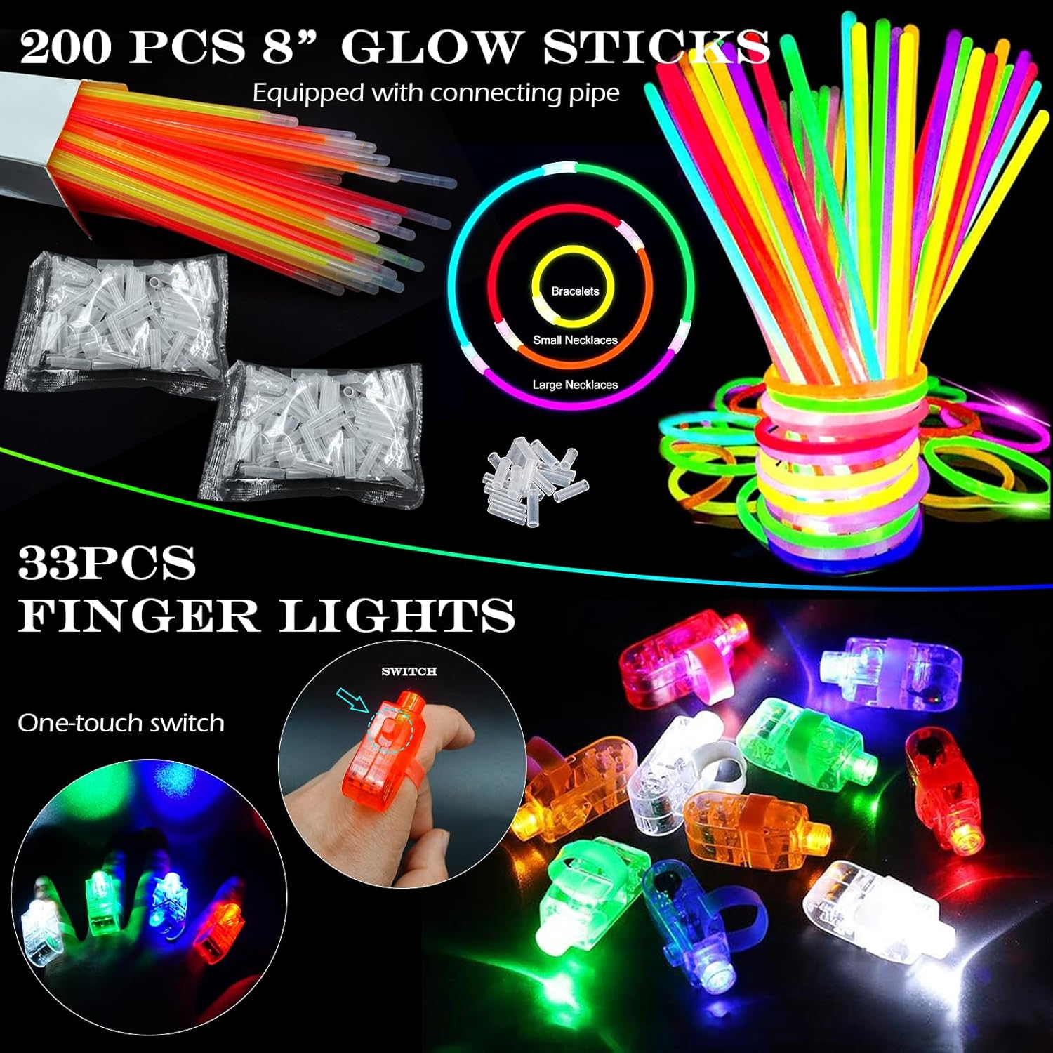 Auolen 290 PCS Glow in the Dark Party Supplies, 24 Glow Fiber Optic Wands, 15 LED Glasses and 200 Glow Sticks, 33 Finger Lights, 18 Hairs, Glow Party Favors for Halloween, Concert, Raves Birthday image number 5