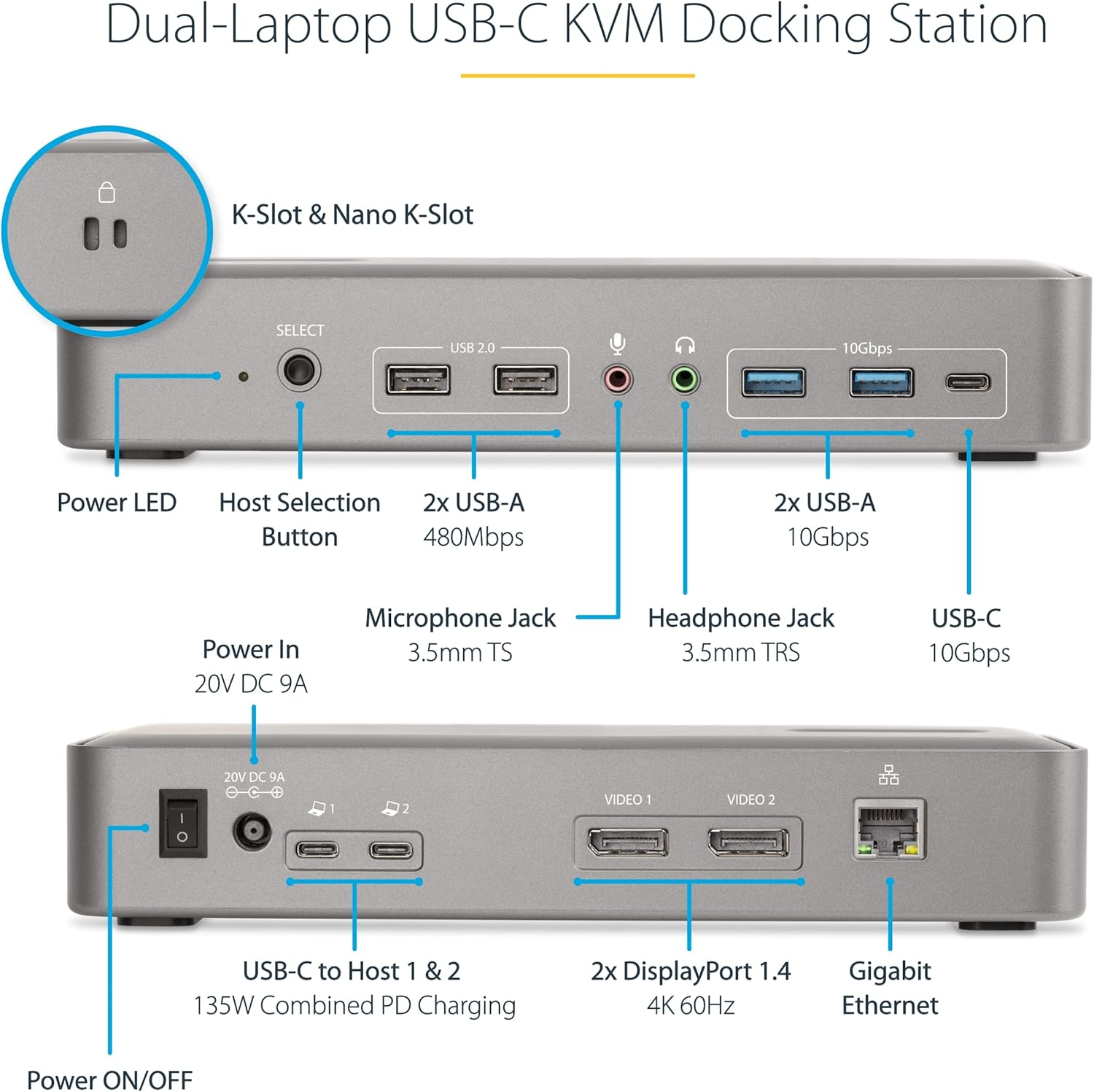 Startech.Com Dual-Laptop USB-C KVM Docking Station, Dual Monitor 4K 60Hz Displayport, 5-Port USB Hub, Gbe, 90W/45W Power Delivery, Windows/Mac image number 3