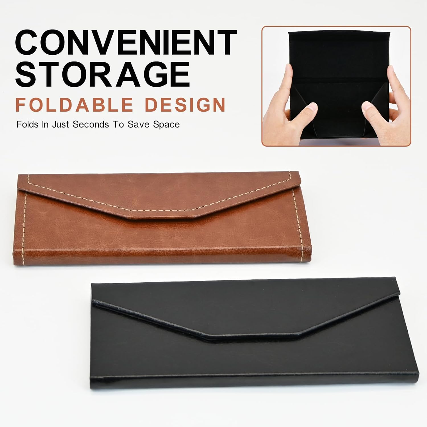 Foldable Eyeglass Case with Cleaning Cloth & Pouch - Magnetic PU Leather Glasses Case - Portable & Lightweight Sunglasses Storage Triangular Fold Reading Glasses Eyewear Protector Box for Men & Women - Coffee image number 3