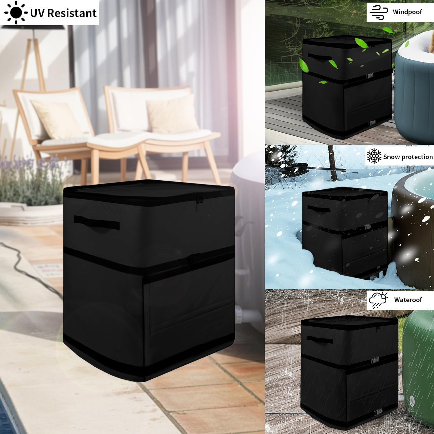 UCEDER Waterproof Hot Tub Pump Cover with Clear PVC Window,Insulated Spa Heater Cover with Install Door Design & Adjustable Buckle (Black, 16.9" X14.9"X21.2") image number 1