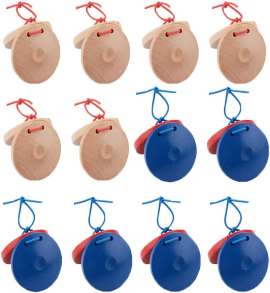 12 Pcs Musical Castanets Instrument, Clap Board Music Educational，Classroom DIY Wooden Percussion Instrument Finger Castanets(Blue and Red)