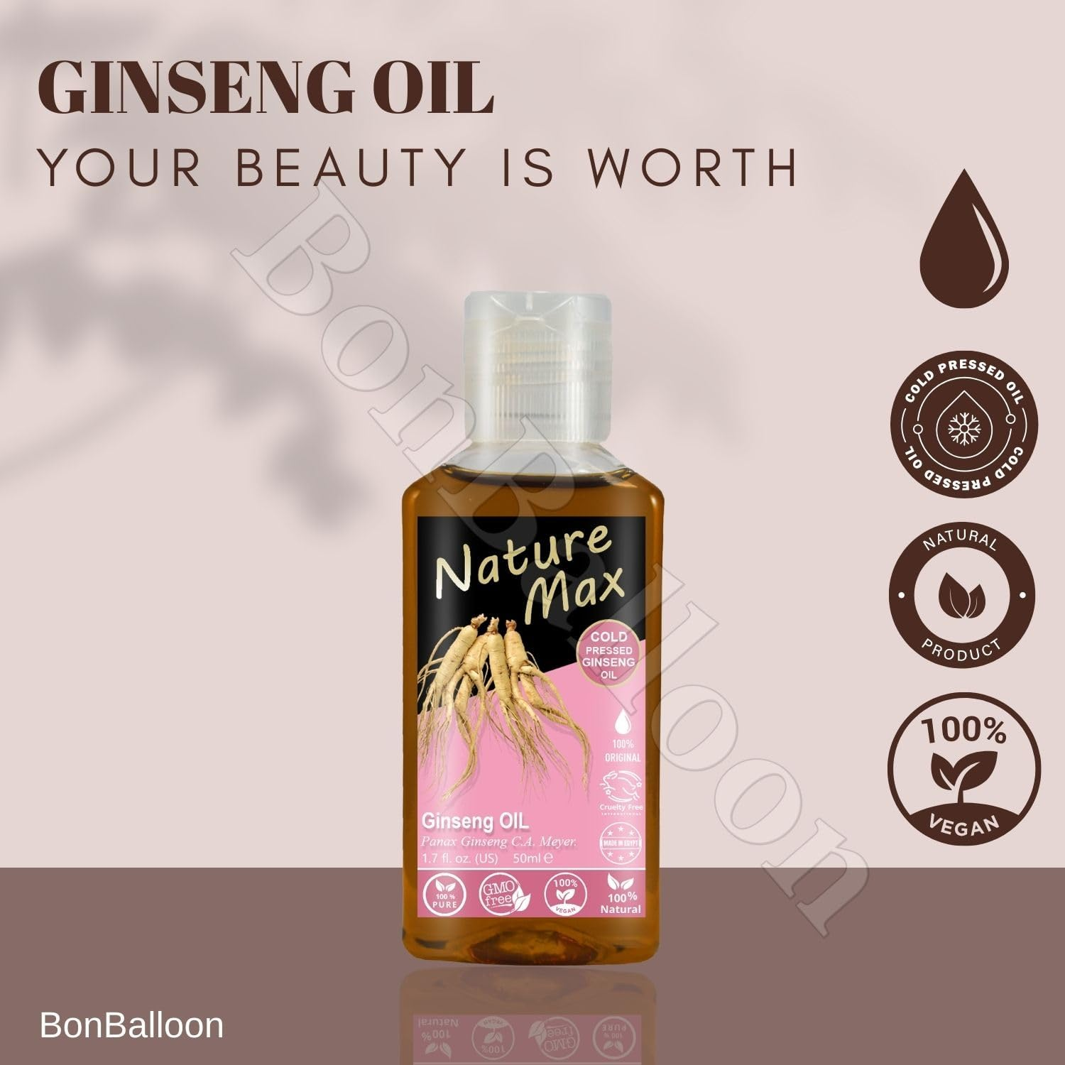 Nature Max Ginseng Oil Natural Undiluted Pure for Hair Skin Care & Food Cold Pressed (1Pack = 1.70 Oz / 50 Ml) زيت جنسنج image number 3