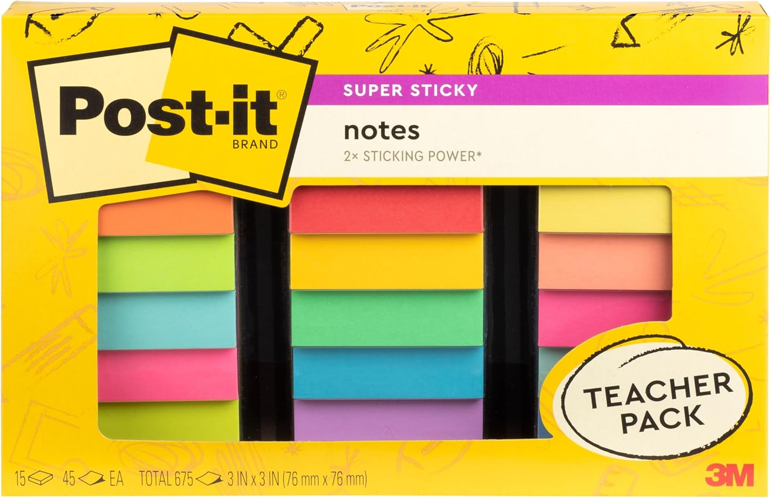 Post-It Super Sticky Notes Teacher Pack, Assorted Colors, 7.62 Cm X 7.62 Cm, 15 Pads/Pack, 45 Sheets/Pad (654-15SSBTS-SR)