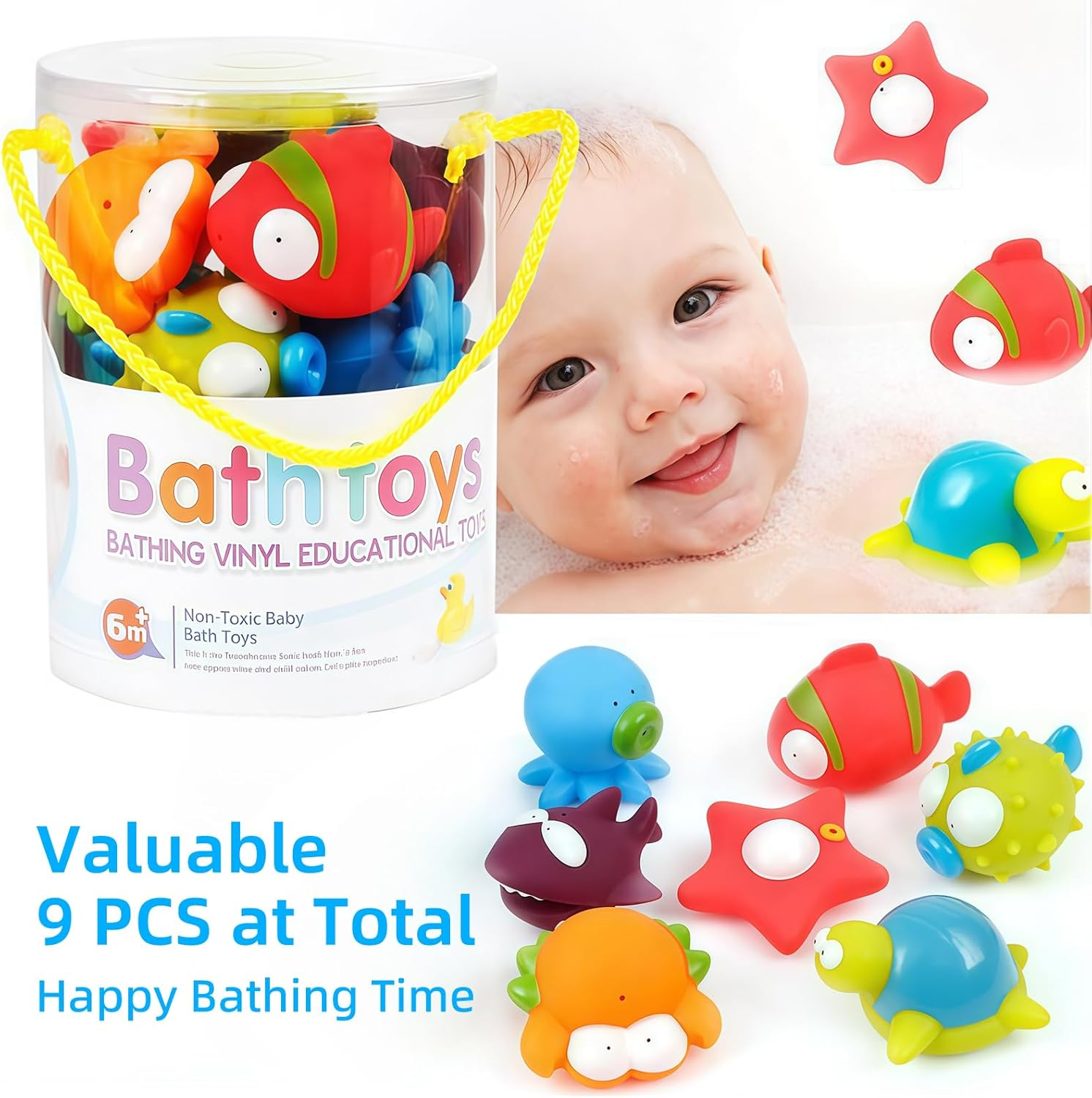 Bath Toys 9PCS - Squeezable Ocean Animals for Toddlers 1-3, Bathtub & Pool Water Play, Cute Sea Creature Squirt Toys, Fun Bath Time & Swim Learning for Babies image number 6