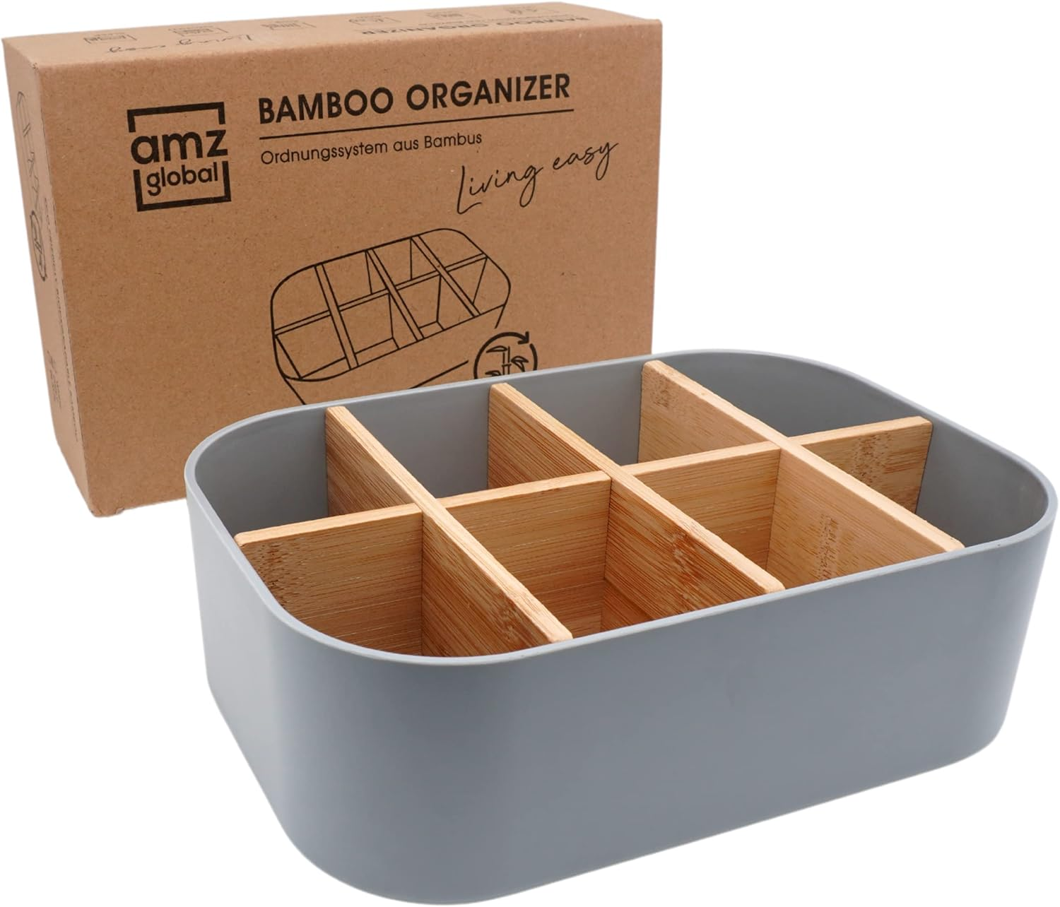 Premium ECO Bamboo Organiser for Cosmetics, Desk, Kitchen, Bathroom, Bar Accessories and Household, 8 Compartments, Non-Slip, Multifunctional, No Plastic