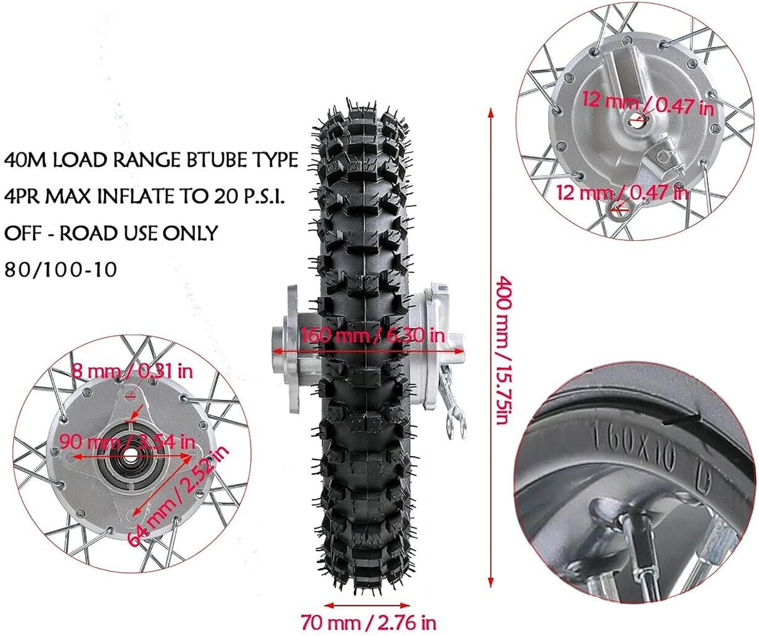 10" Rear Wheel 3.00-10 80/100-10 Dirt Bike Tire and Inner Tube and 1.6X10 Rim Drum Brake + 420 37T Sprocket for CRF50 XR50 Pit Bike 50Cc 70Cc 90Cc 110Cc 125Cc Motocross off Road image number 6