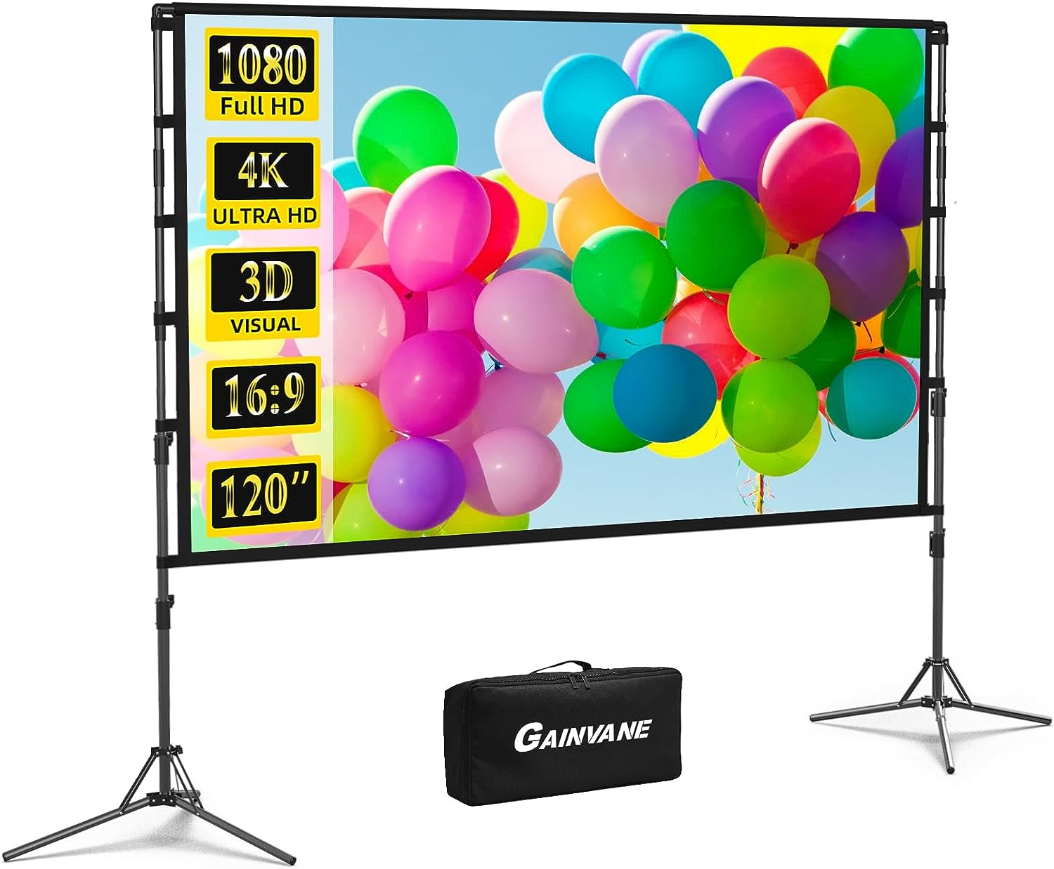 Projector Screen and Stand,Gainvane 120 Inch Portable Projector Screen Indoor Outdoor Projection Screen 16:9 4K HD Wrinkle-Free Light-Weight Movie Screen with Carry Bag for Backyard Movie Night - 100 Inch Projector Screen image number 6