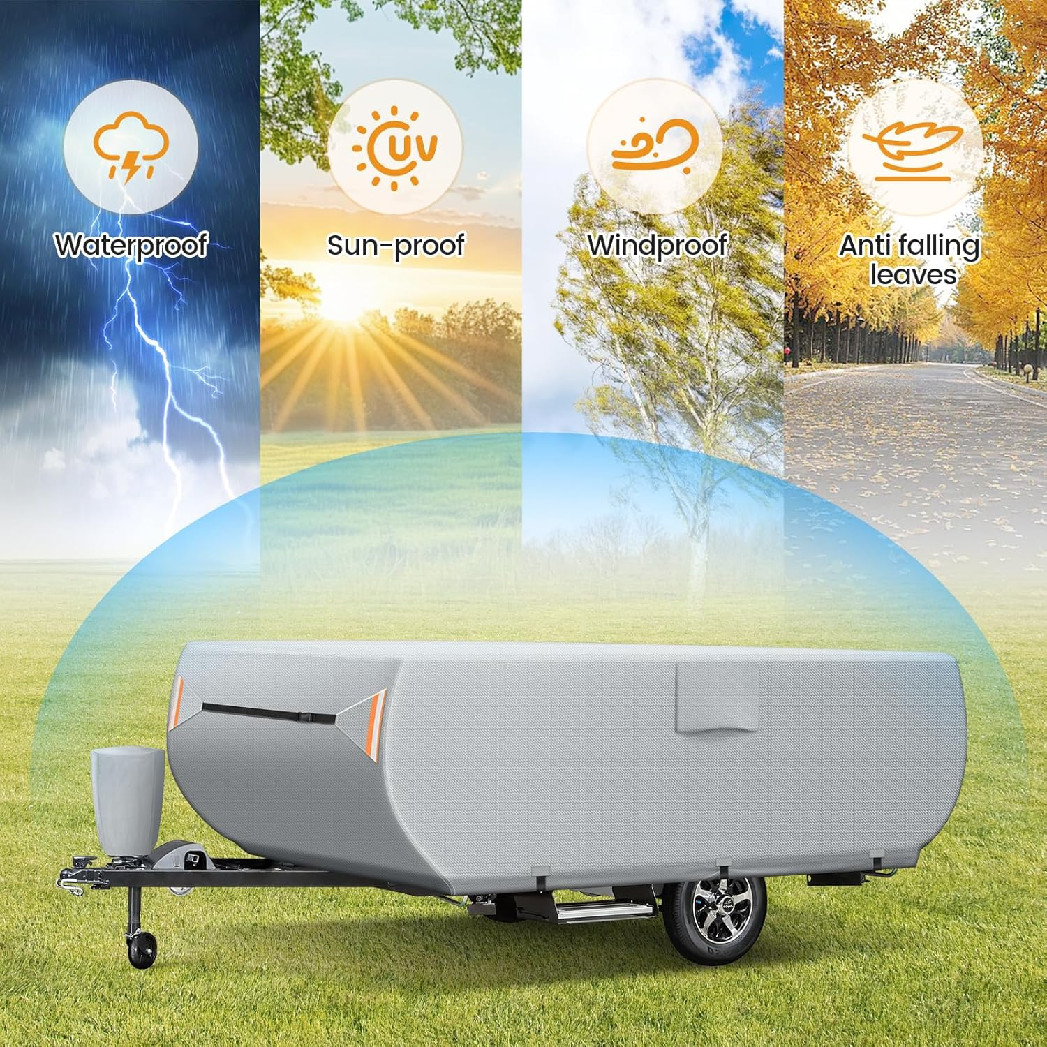 Pop up Folding Trailer Camper Cover Fits 10'-12', Upgraded Heavy Duty Protection Ripstop Waterproof Trailer Cover with 3 Bottom Straps, Anti-Uv Windproof All Season Protection for RV Motorhome image number 2