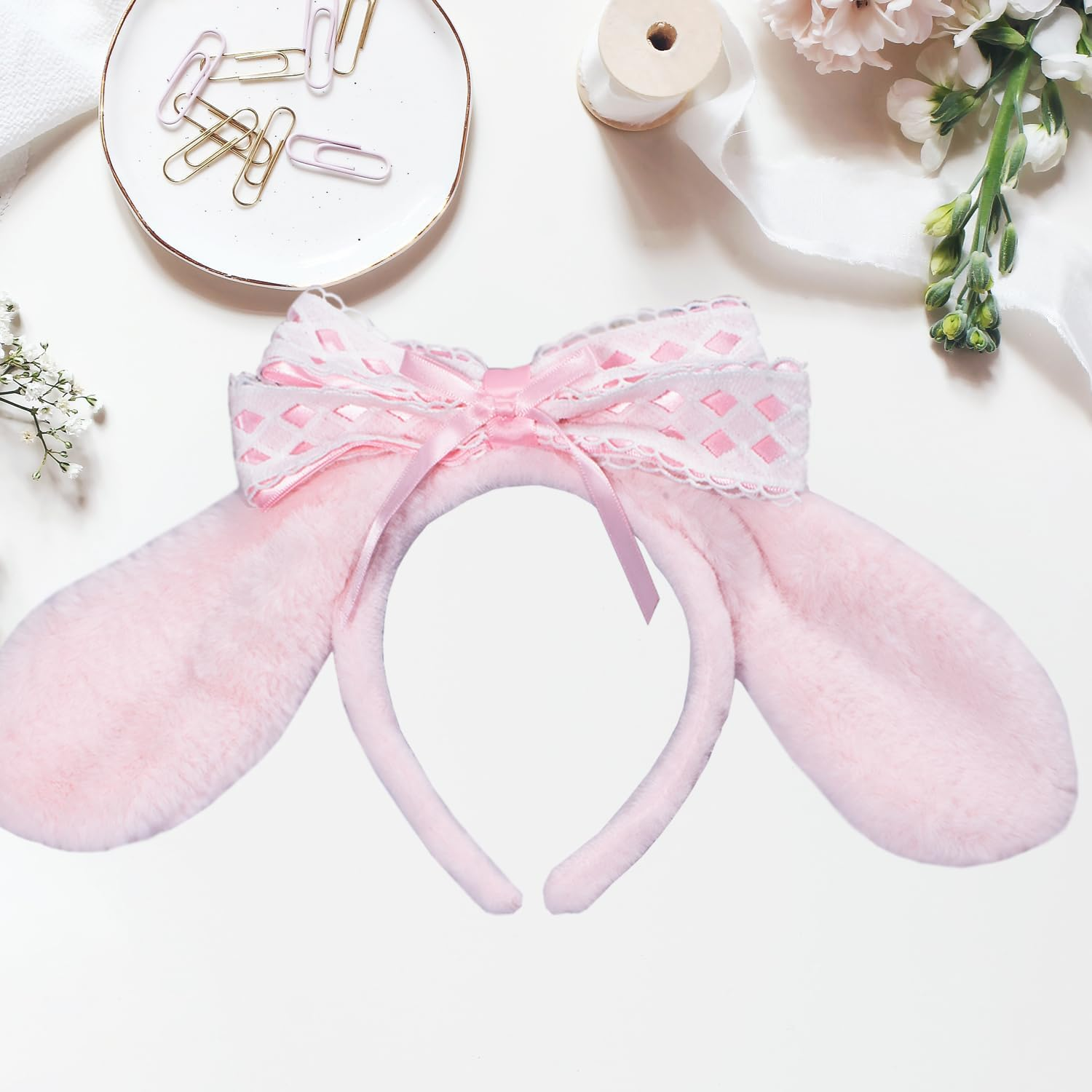 Anime Plush Ears Headband Furry Bunny Ears Hairband for Girls Women Kawaii Halloween Costume Cosplay (Pink) image number 5