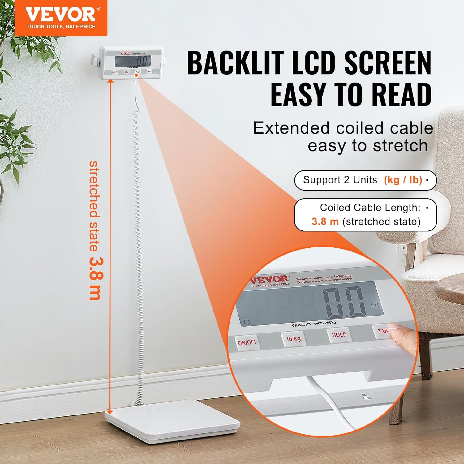 VEVOR Portable Medical Scale, Professional Physician Scale for Weighing - with Anti-Slip Platform, 2 Units, Hold & Tare Function, Digital Physician Weight Scale for Gym Home Hospital, 440LBS Capacity image number 3