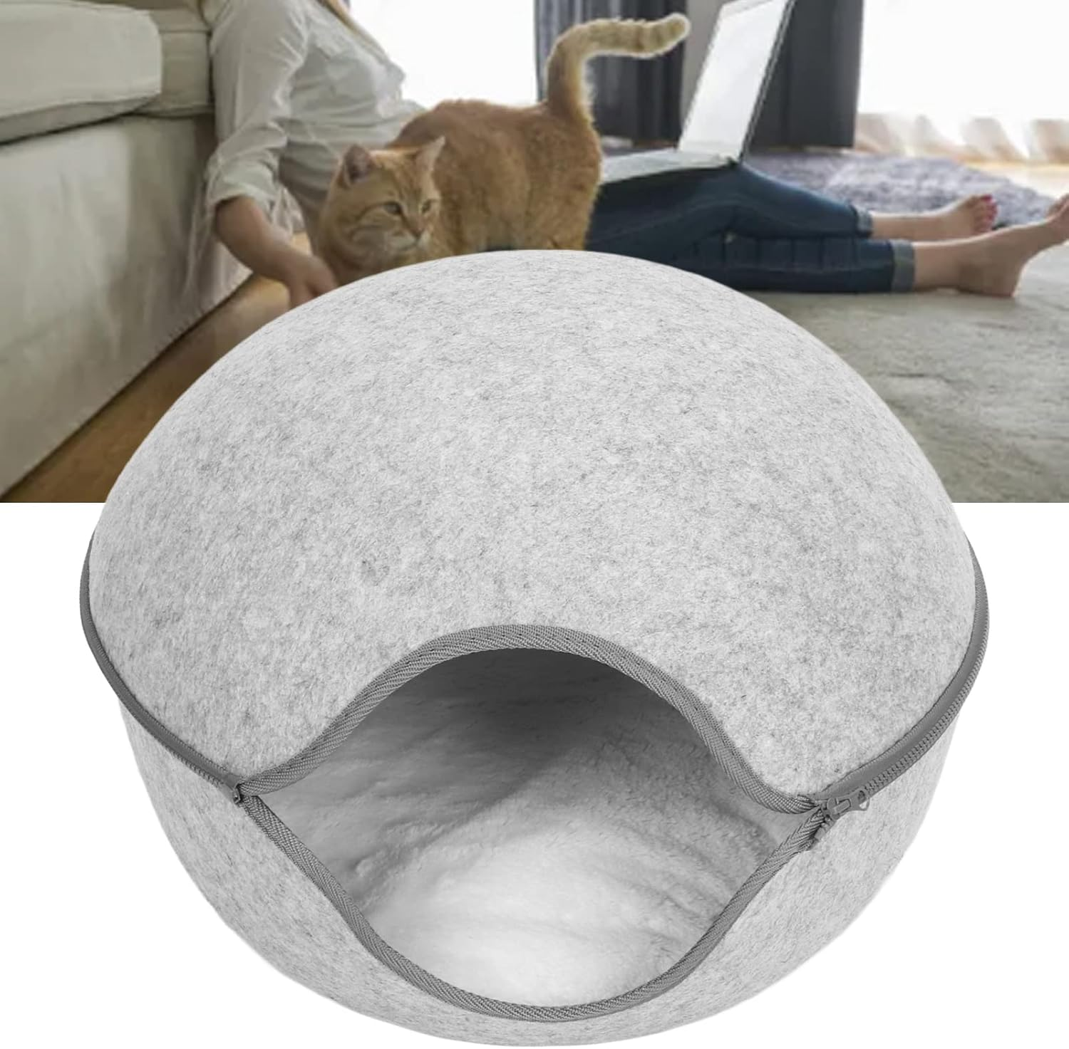 Felt Cat Bed Cave,Cat Cave Bed Detachable Washable Semi Enclosed Felt Kitten Hideout Bed with Cushion for All Seasons image number 6