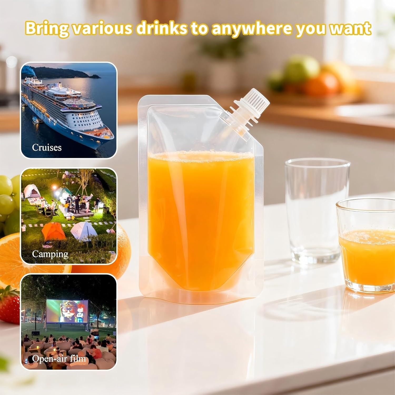 10PCS 250Ml Reusable Travel Drink Pouches - Leakproof Plastic Hip Flask with Screw Cap, Alcohol Juice Travel Plastic Flasks Bags, Foldable for Festivals, Events, Camping, Hiking (Angled Spout) image number 4