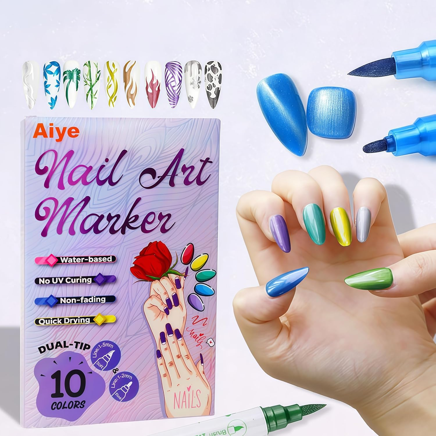 10 Color Metal Giltter 3D Nail Art Pens Set, Double-Ended Nail Point Dotting Pen Drawing Painting Liner Brush for DIY Nail Art Beauty Adorn Manicure Tools