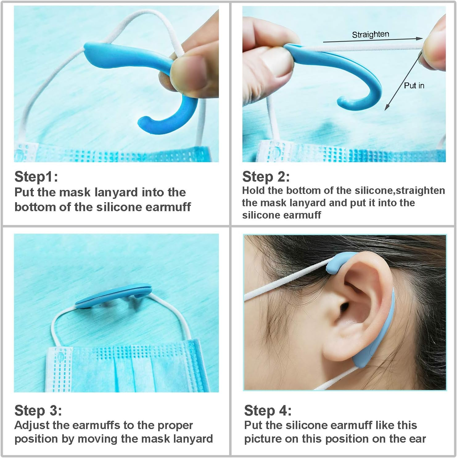 Ear Protectors for Mask, OKAICEN Mask Ear Protectors Anti-Slip Silicone Soft Earloop Relieve Ear Discomfort Silicone Earmuffs (Transparent,6 Pairs) - Blue image number 2