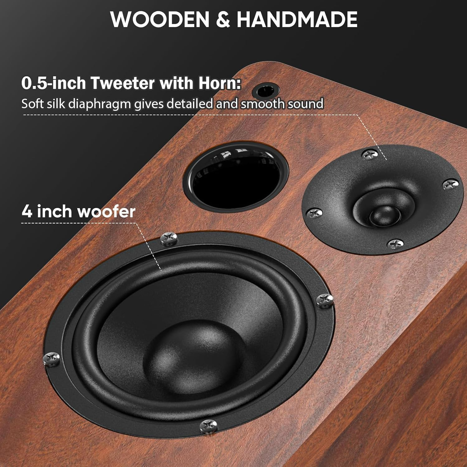 Saiyin Bluetooth Bookshelf Speakers, 40W X 2 Powered TV Speakers with 4 Inch Woofer, Turntable Speakers with Optical/Aux Input/Subwoofer Line Out for PC and Tvs image number 6