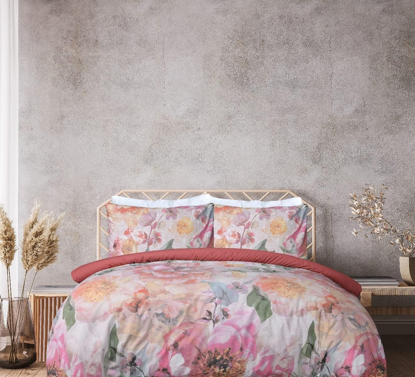 Sleepdown 100% Pure Cotton Large Floral Multi Dark Rose Plain Reverse Duvet Cover Quilt Pillow Cases Bedding Set Soft Easy Care - King (230Cm X 220Cm)