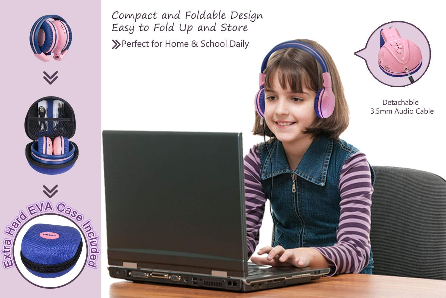 SIMOLIO Kids Bluetooth Headphones with Microphone, Wireless Childrens Headphones with Safe Volume, Foldable Adjustable Headband, Over-Ear Headphones (Pink, 1 Pack) image number 5