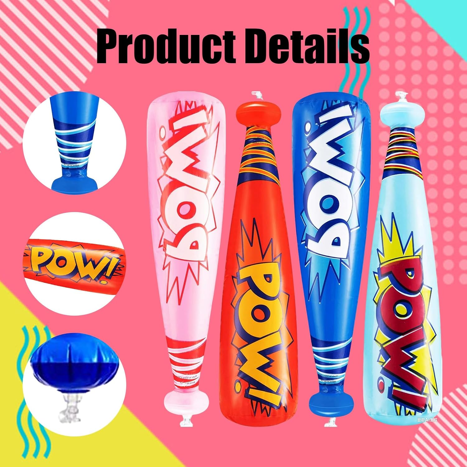 HDBHBH 4 Pack Inflatable Pow Baseball Bat, 16 Inch with 4 Vivid Colors, Carnival Prizes Party Favors, Pool & Goodie Bag Supplies image number 4