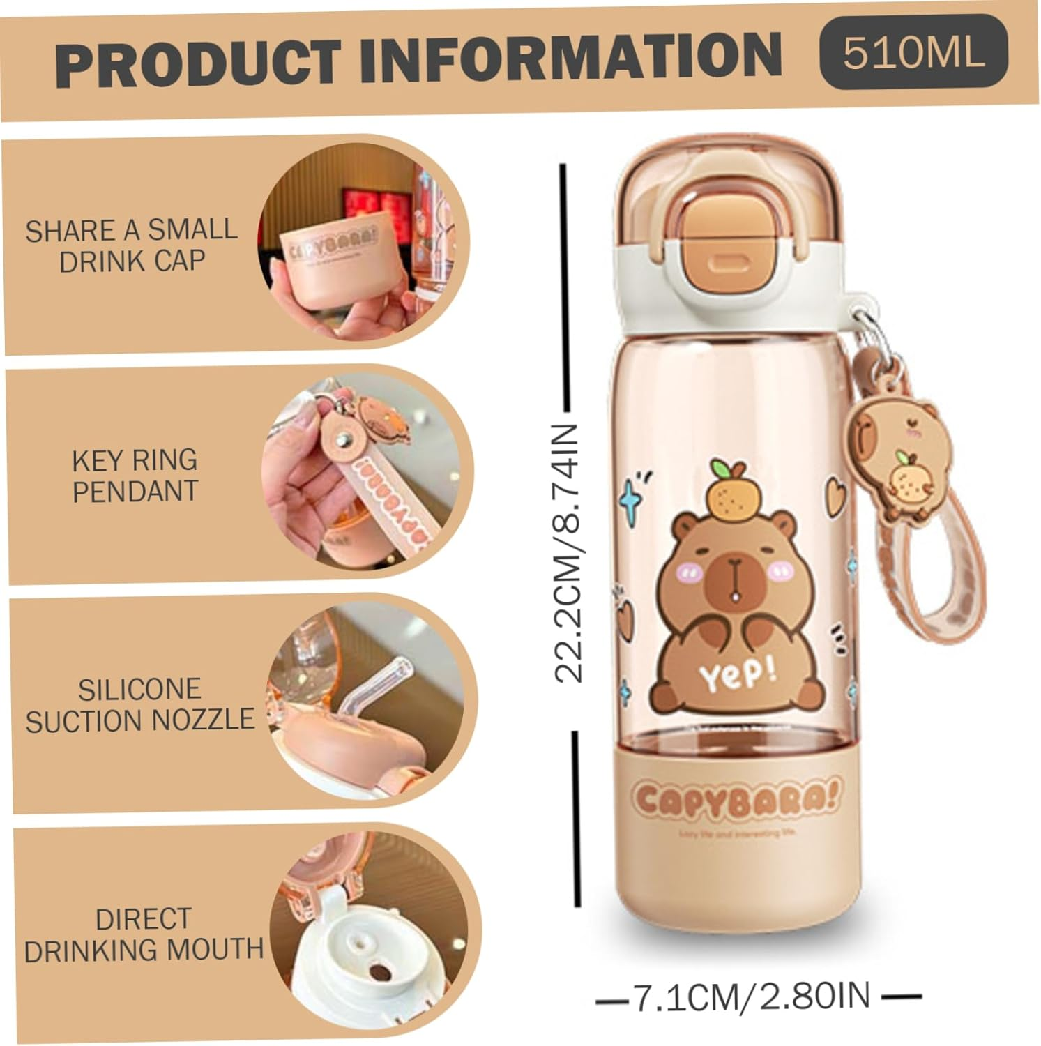 Capybara Water Bottle with Lid & Keychain Cute Water Bottle with Silicone Straw, Drinking Cup & Spout Portable Heat-Resistant Food Grade for Kids & Girls, 510Ml image number 1