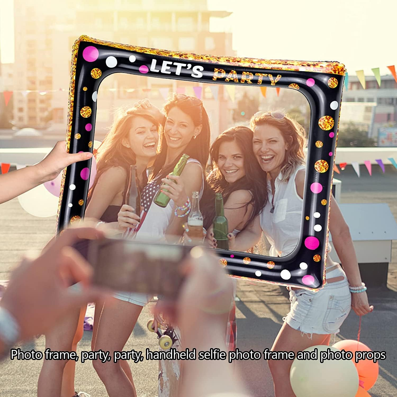 Inflatable Selfie Frame Giant Photo Booth Frame Birthday Photo Booth Picture Frame Celebration Blow up Party Prop for Wedding, Baby Shower, Birthday Party Decorations Supplies - Black Gold image number 4