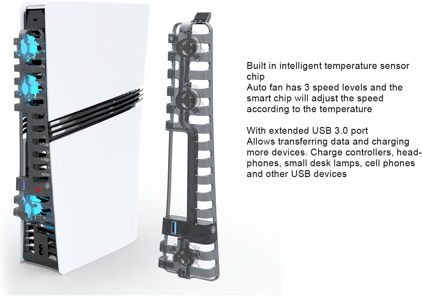 Cooling Fan for PS 5 Pro/Slim Console, PS 5 Silent Enhanced Cooling Fan with 3 High-Speed Fans & USB 3.0 Port, Auto Fan Speed Adjustable by Temperature, Auto Power On/Off
