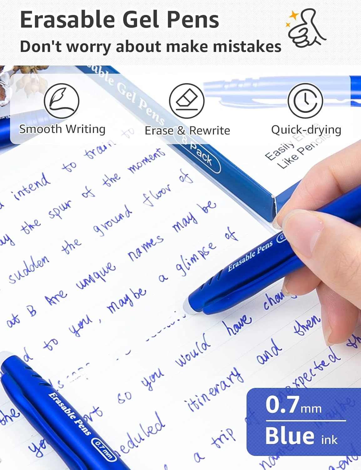 JR.WHITE Erasable Gel Pens - 8 Rubber Tip Pens, Fine 0.5Mm Erasable Pen for School, Office & Stationery Supplies (8 Blue) image number 1