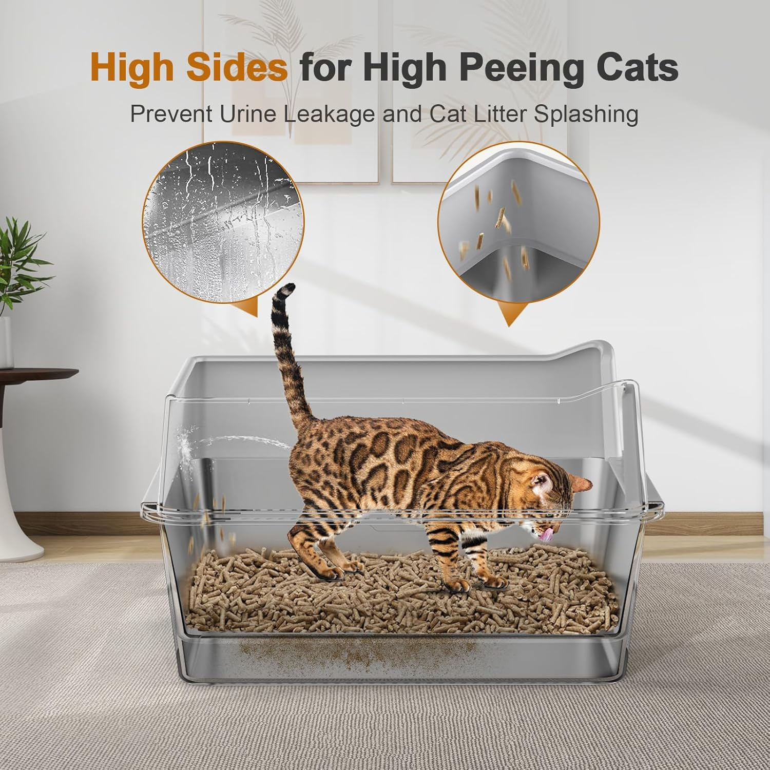 Stainless Steel Sifting Litter Box, 23.6" L X 15.7" W X 13" High Sided Metal Sifting Cat Litter Box for Pine Pellets, Enclosed Sifting Box with Lid, Anti-Leakage, Easy Clean for Big and Multiple Cats image number 5