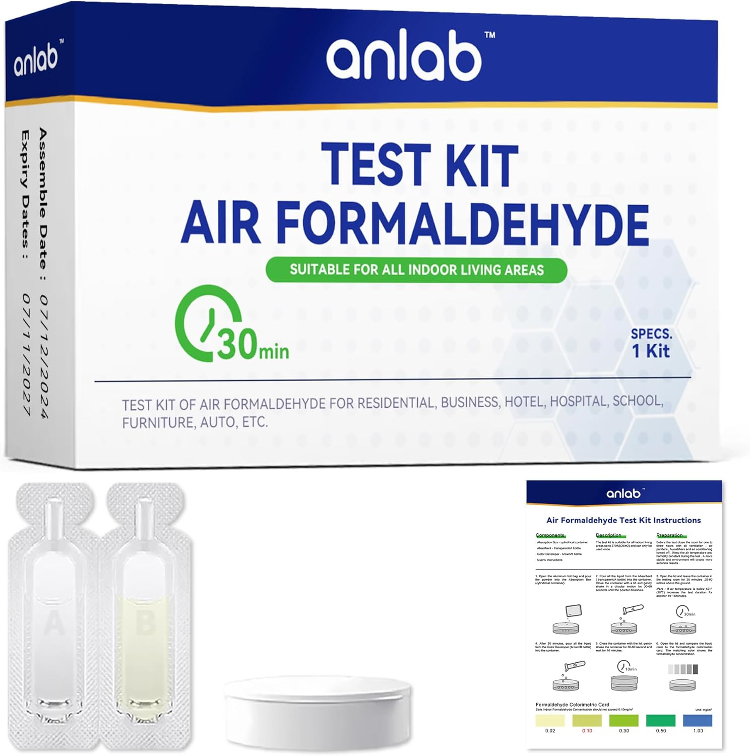 Anlab&trade; Air Formaldehyde (HCHO) DIY Test Kit - Used for Air Quality Testing, Detector Used for Home, Residential, Business, Hotel, Hospital, School, Furniture, Auto (Pack of 3) image number 3