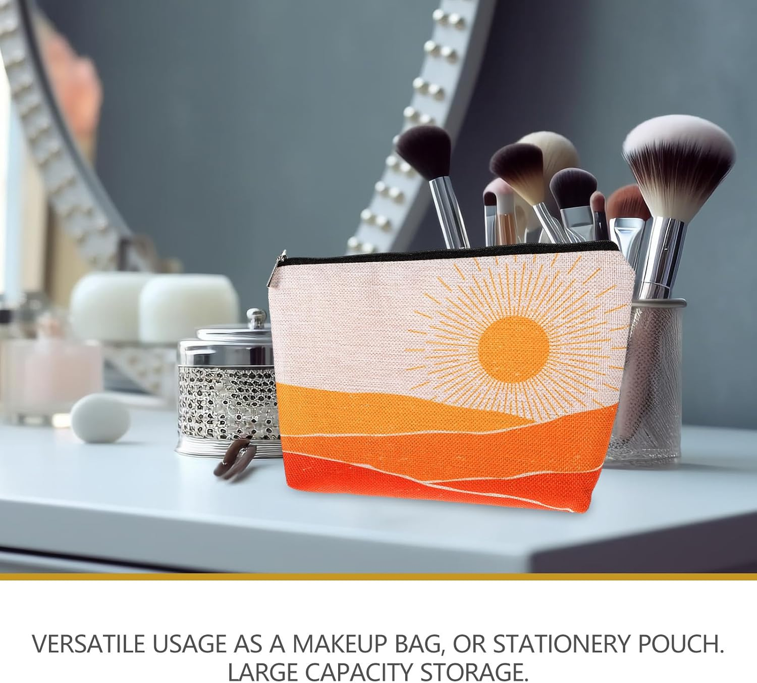 VERDANVERSE Waterproof Cotton Linen Makeup Bag with Geometric Pattern, Portable Travel Cosmetic Organizer Pouch for Toiletries and Accessories, Lightweight Bohemian Style Toiletry Bag image number 2