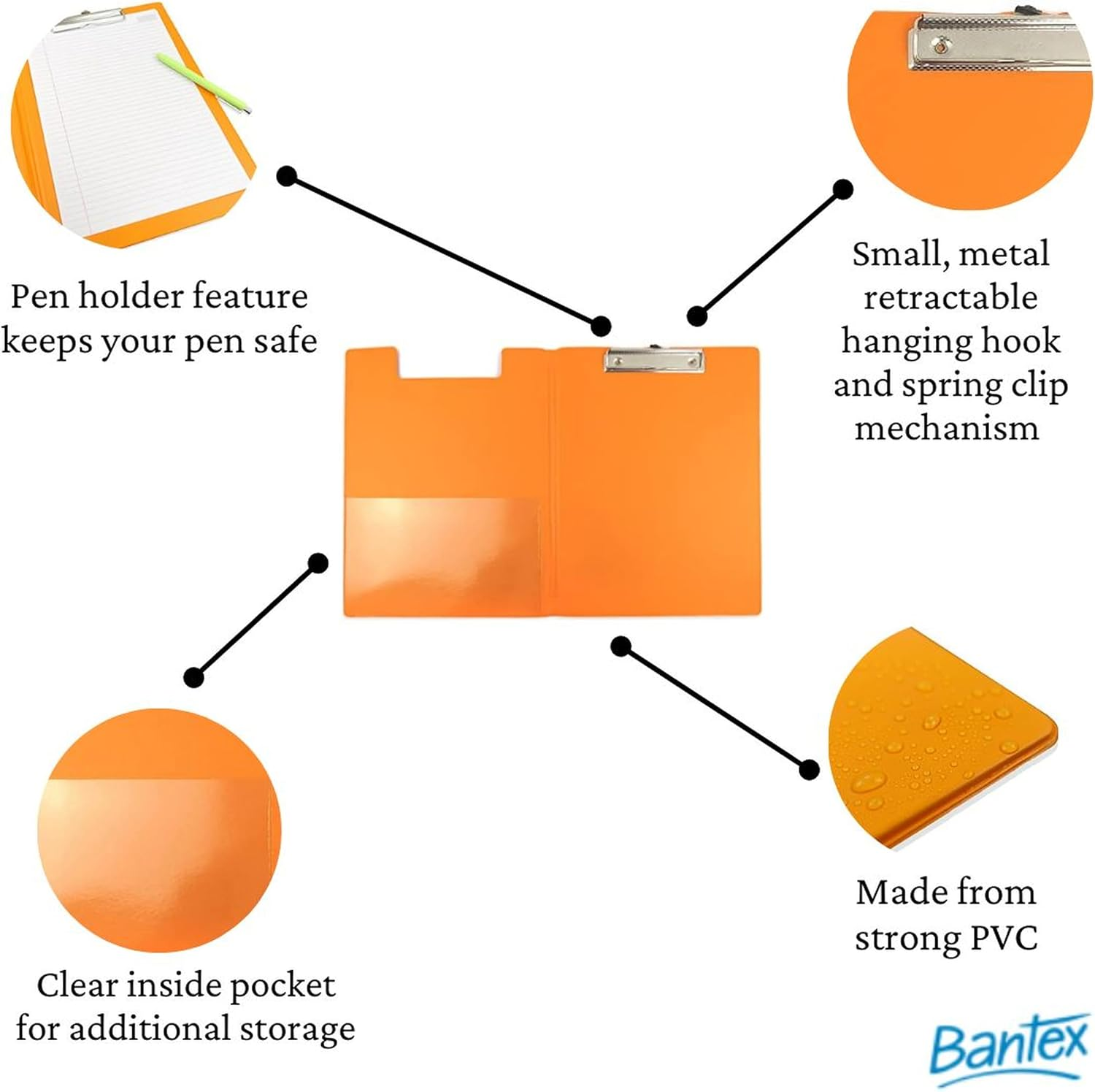 Bantex, Clipfolder A4, Spring Clip Mechanism , Clear Pocket for Storage, Retractable Hanging Hook, Durable PVC, Orange