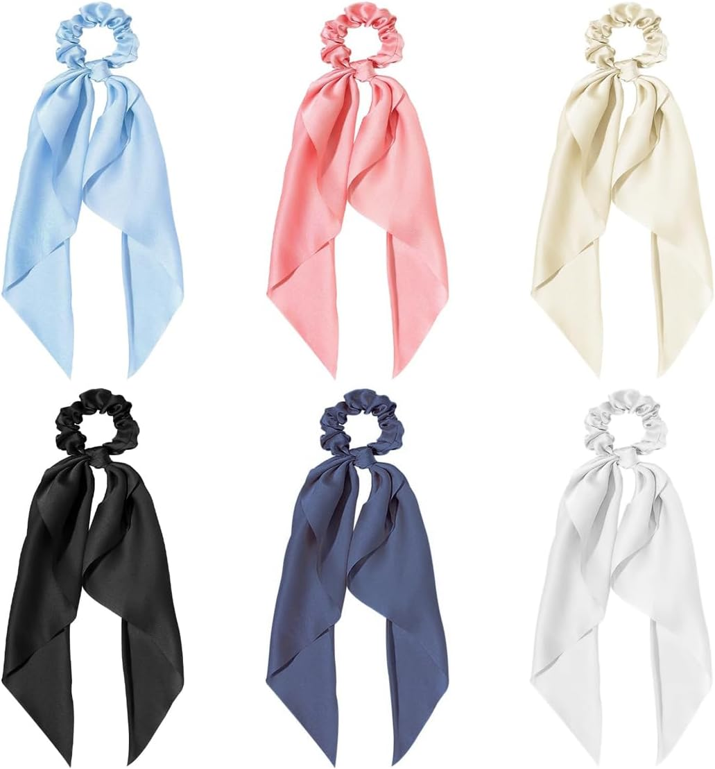 Orivin 6 Pcs Satin Bowknot Elastic Hair Bands Colorful Ribbon Scrunchies Ponytail Holder Sweet Hair Accessories for Women Girls image number 4