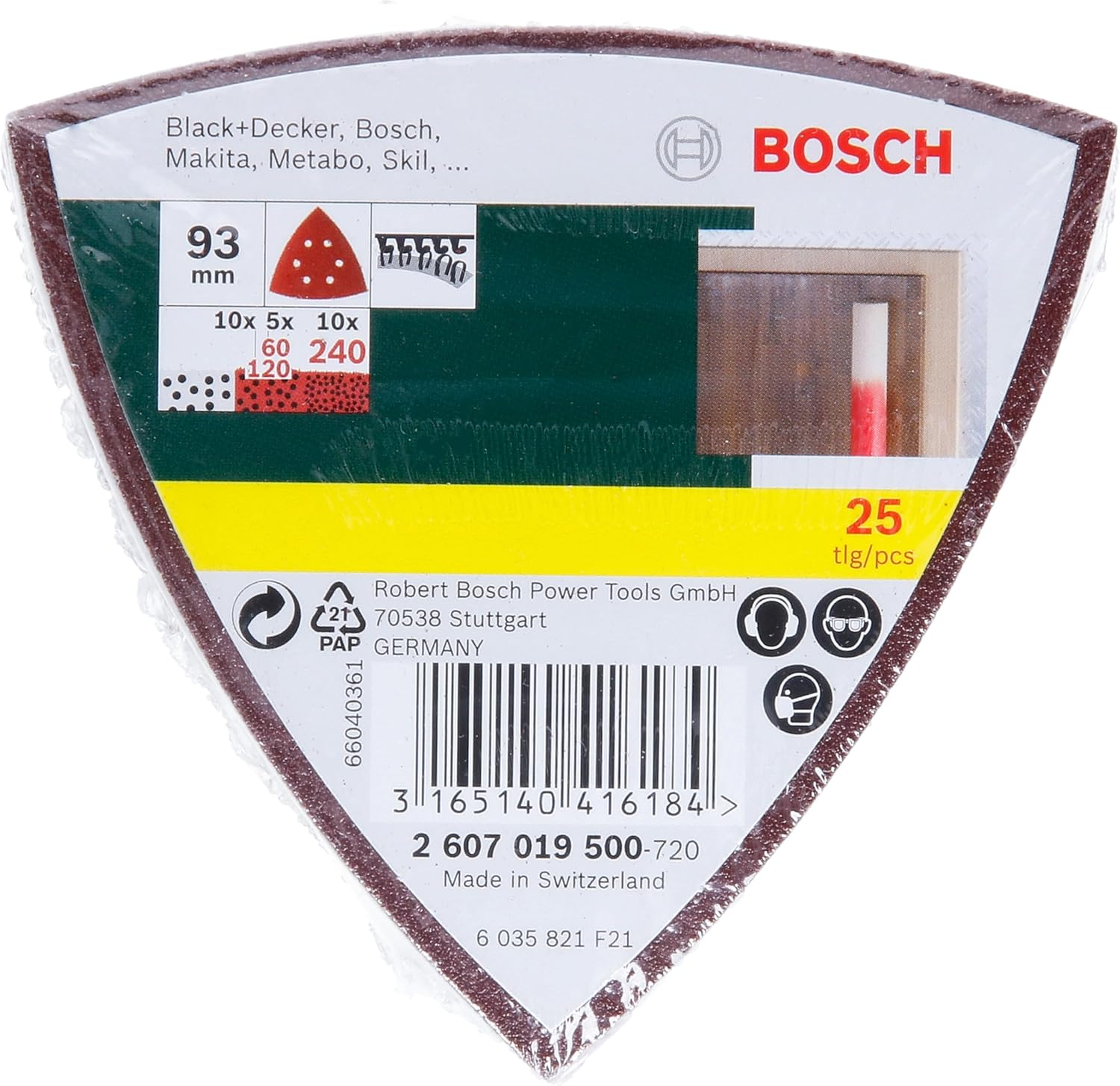 Bosch Accessories 25-Piece Sanding Sheet Set (93Mm, 6 Holes, Grit 60/120/180, Accessories for Delta Sanders) image number 1