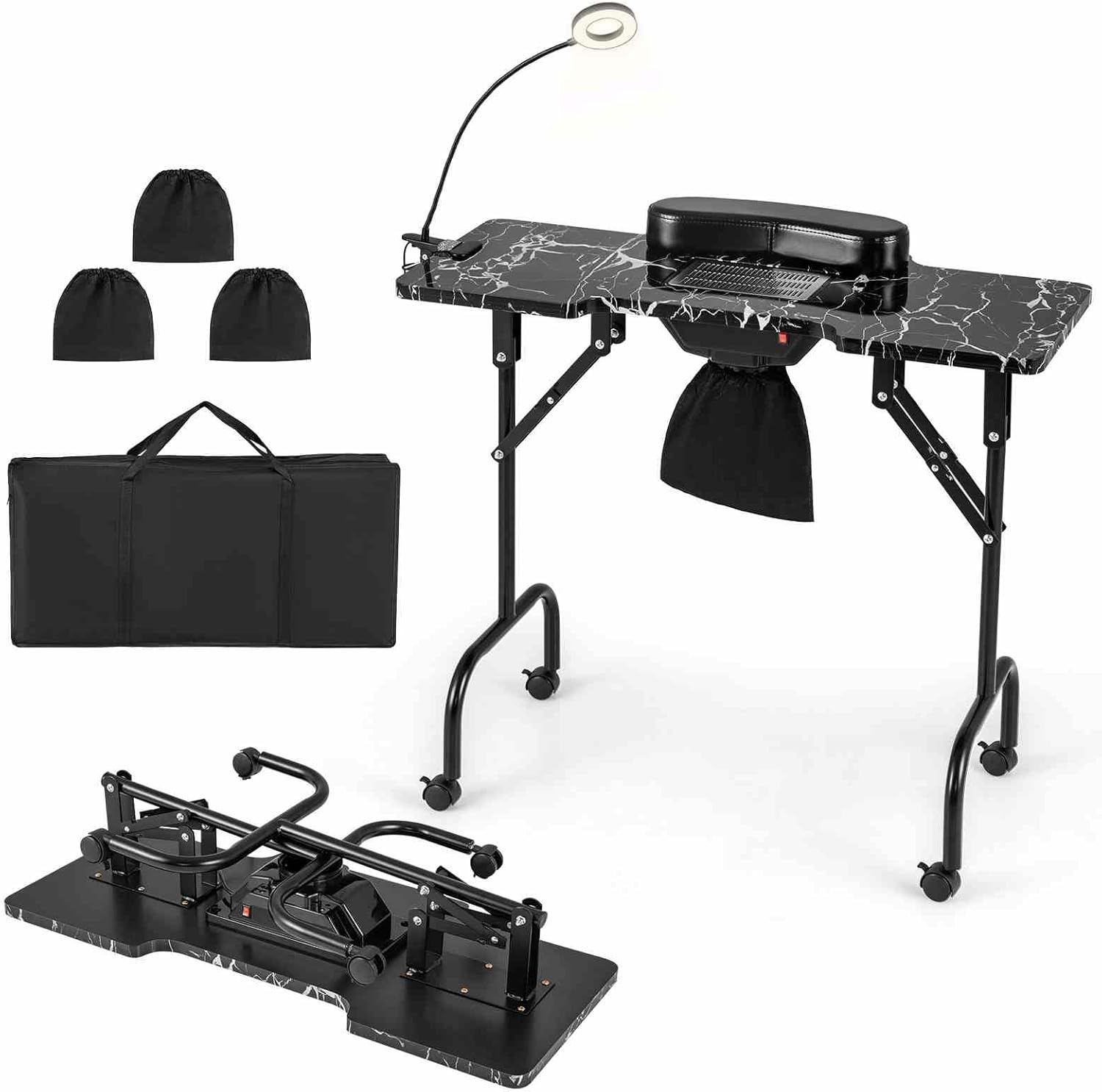 Costway Folding Manicure Nail Table with Electric Dust Collector, Portable Nail Table with Bendable LED Table Lamp, Removable Wrist Pad, Carrying Bag, 4 Lockable Wheels, Spa Salon Workstation