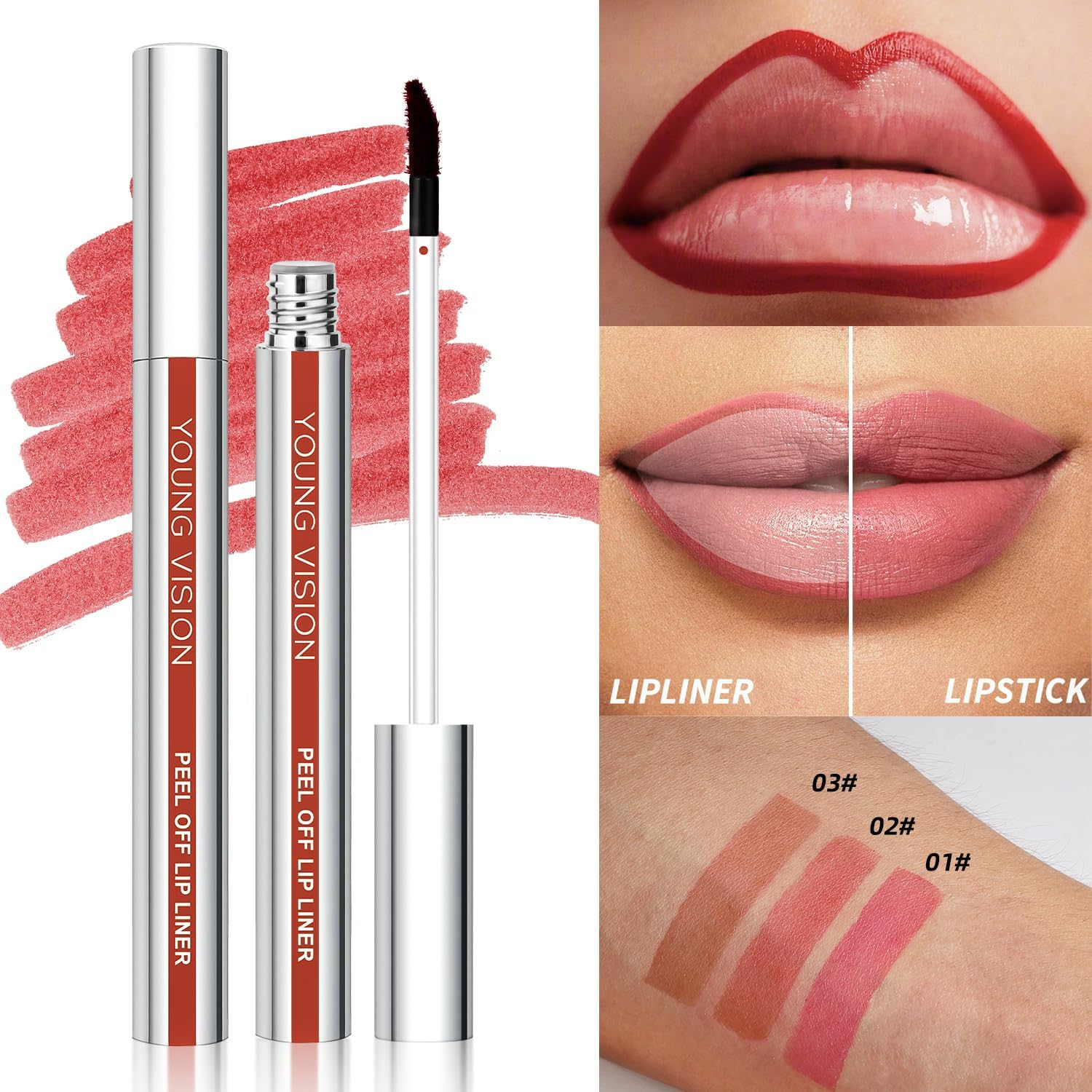 3Pcs Colors Peel off Lip Liner, Waterproof Matte Lip Gloss Long-Lasting Peel off Lip Tint, Non-Stick Cup Tattoo Magic Color Tint, Highly Pigmented Peel off Lip Liner(3Ml*3)