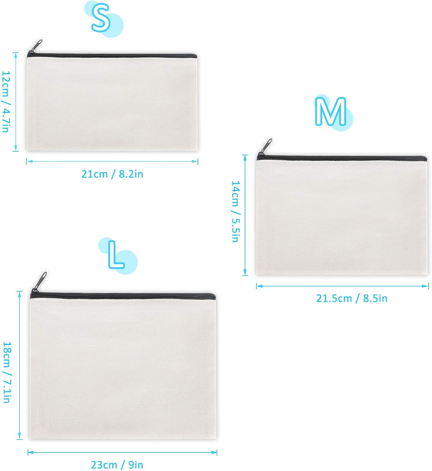 12 Pieces Black Cotton Canvas Makeup Bag, Multipurpose Cosmetic Bag with Zipper Travel Toiletry Pouch, Blank DIY Craft Bag Pencil Bag, White, M image number 6