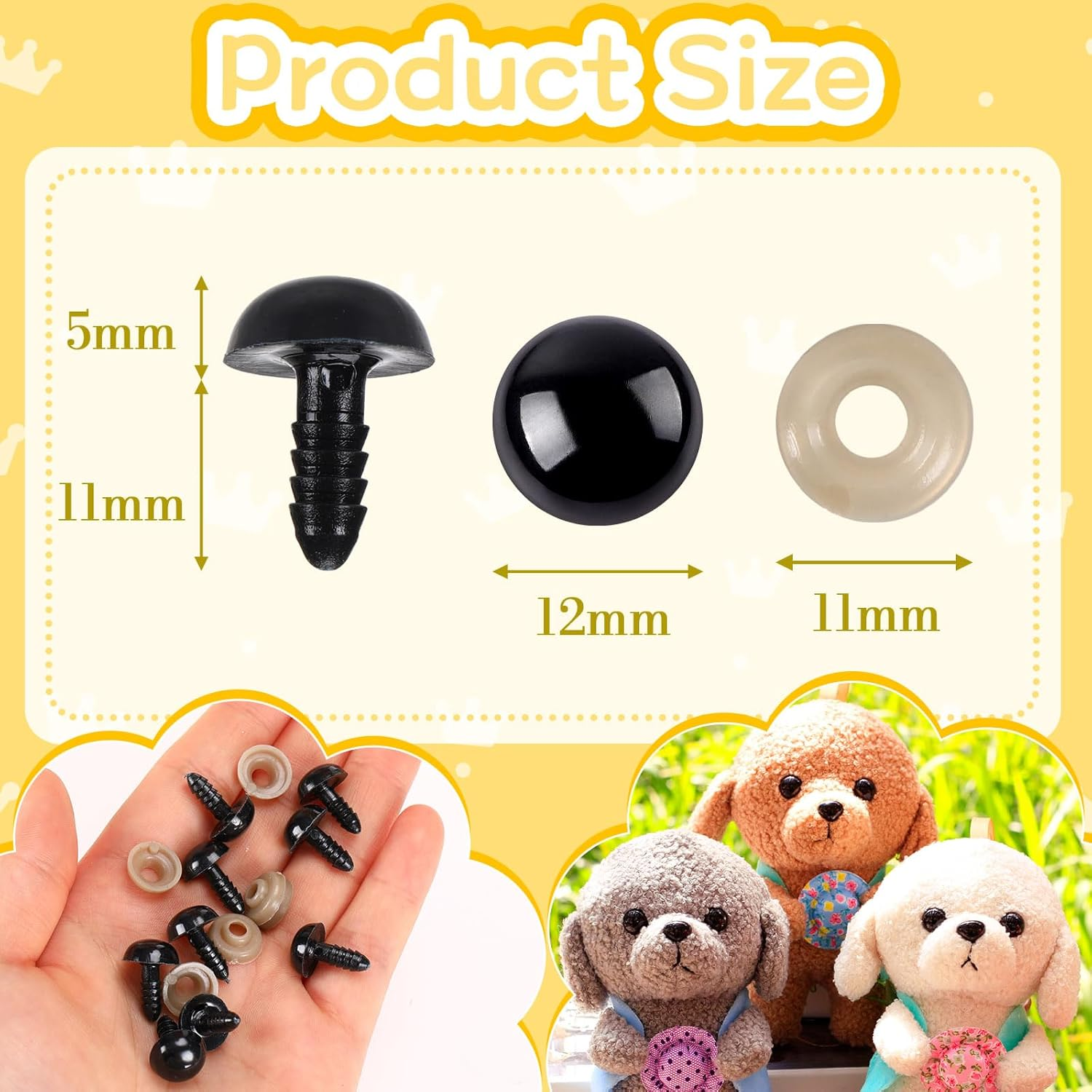 UPINS 600 Pieces 12MM Safety Eyes with Washers Black Plastic Safety Eyes for Amigurumi Doll Crochet Eyes for DIY Crafts Stuffed Animals Making Supplies image number 4